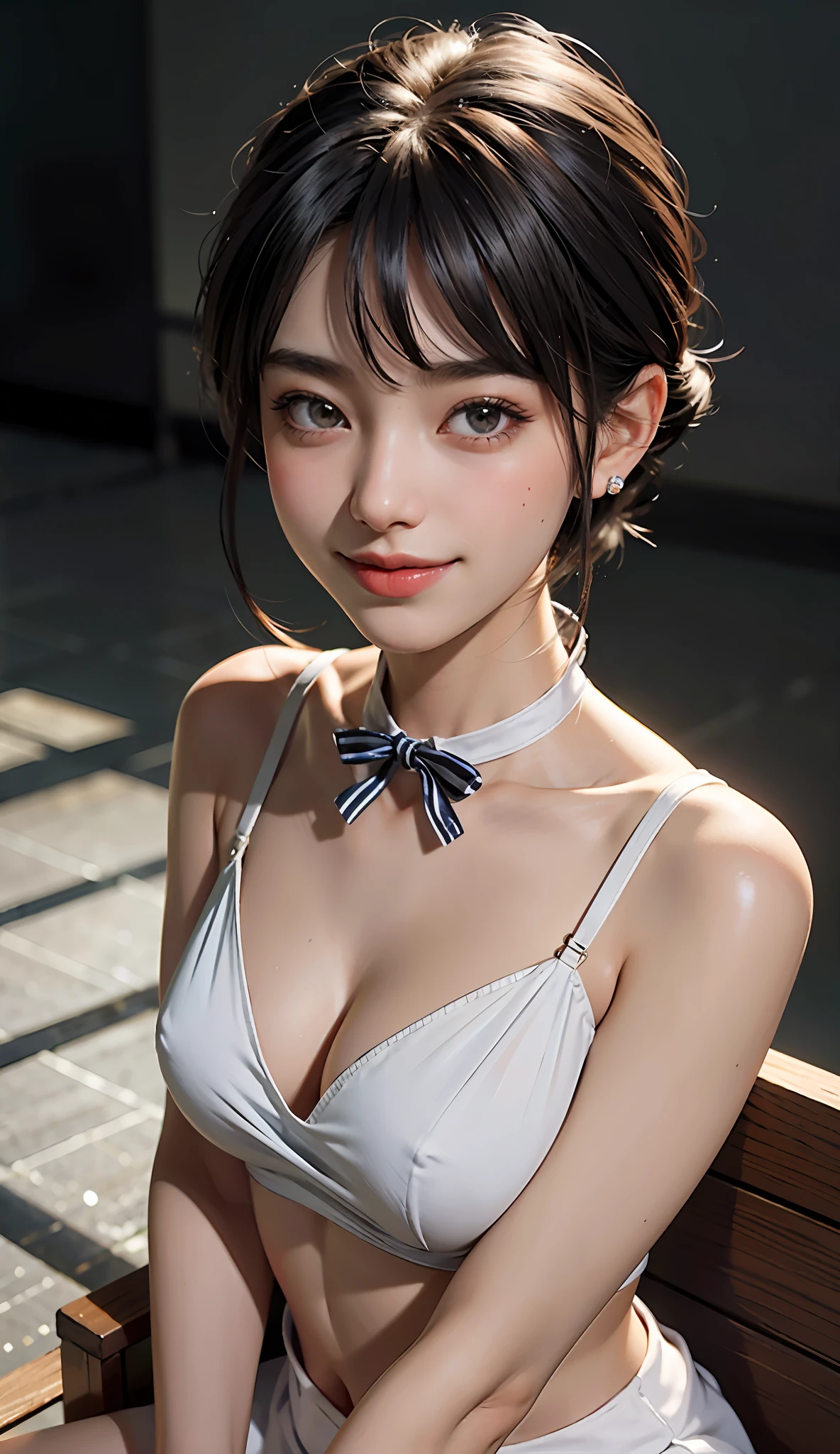 (8k, RAW photos, top quality, masterpieces: 1.2), (realistic, photorealistic: 1.37), ultra detail,
One girl, cute, solo, sitting, dating, (blush of the nose), (smile: 1.1), (mouth closed), big breasts, seductive smile, big apartment, professional lighting, Sony A7R4, Jessy 50mm f1.8, medium-breasted, beautiful detail eyes, (shirt with collar: 1.1), bow tie, pleated skirt, (short hair: 1.2), Floating hair, beautiful woman, very sexy body, big breasts looking directly at the camera, big breasts, cute expression, sexy expression, chest between arms to make cleavage, chest closer, deep cleavage, overwhelming charm, overwhelming cuteness, overwhelming beauty, overwhelming charm, coquettish smile, happy smile, happy smile, skin luster, big eyes, clear eyes, eye highlights, clear double eyelids, eyelashes, long neck, beautiful short hair, shiny dark black hair, bangs, pure white background, sky background, beautiful navel, transparent charm, small underwear, transparent attractiveness, shiny skin, skin luster, ears out