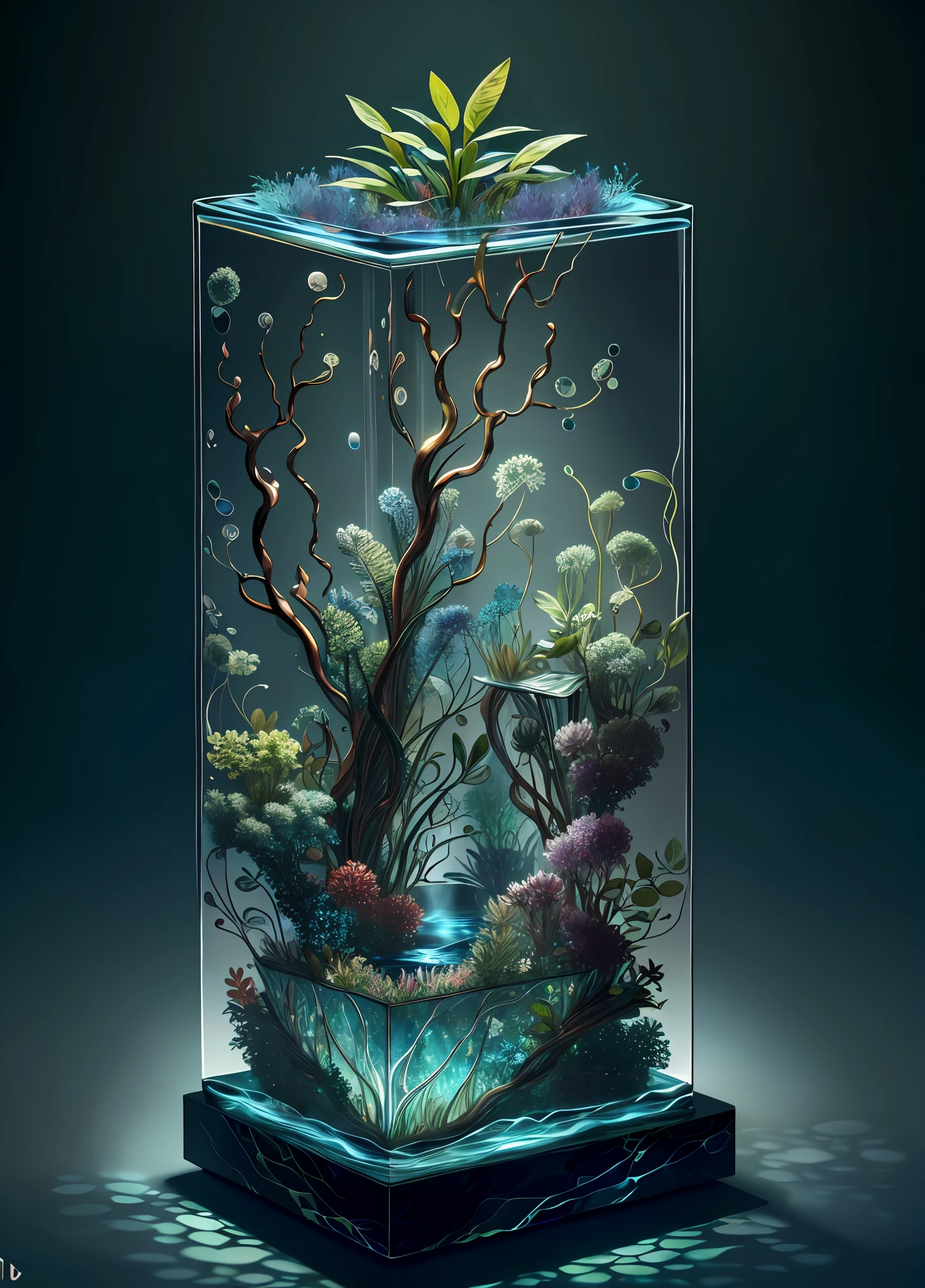 masterpiece of glass sculpture with plants inside, water, glowing, fantasy, high quality, high detail, best quality, rtx, 4k, 8k,