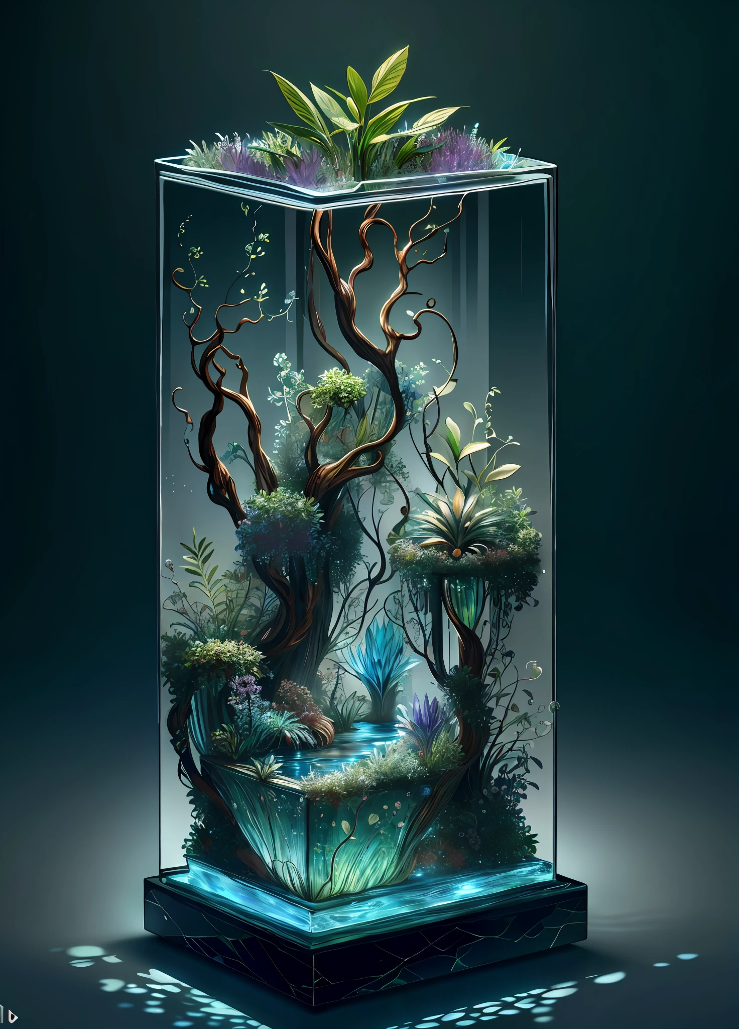 masterpiece of glass sculpture with plants inside, water, glowing, fantasy, high quality, high detail, best quality, rtx, 4k, 8k,