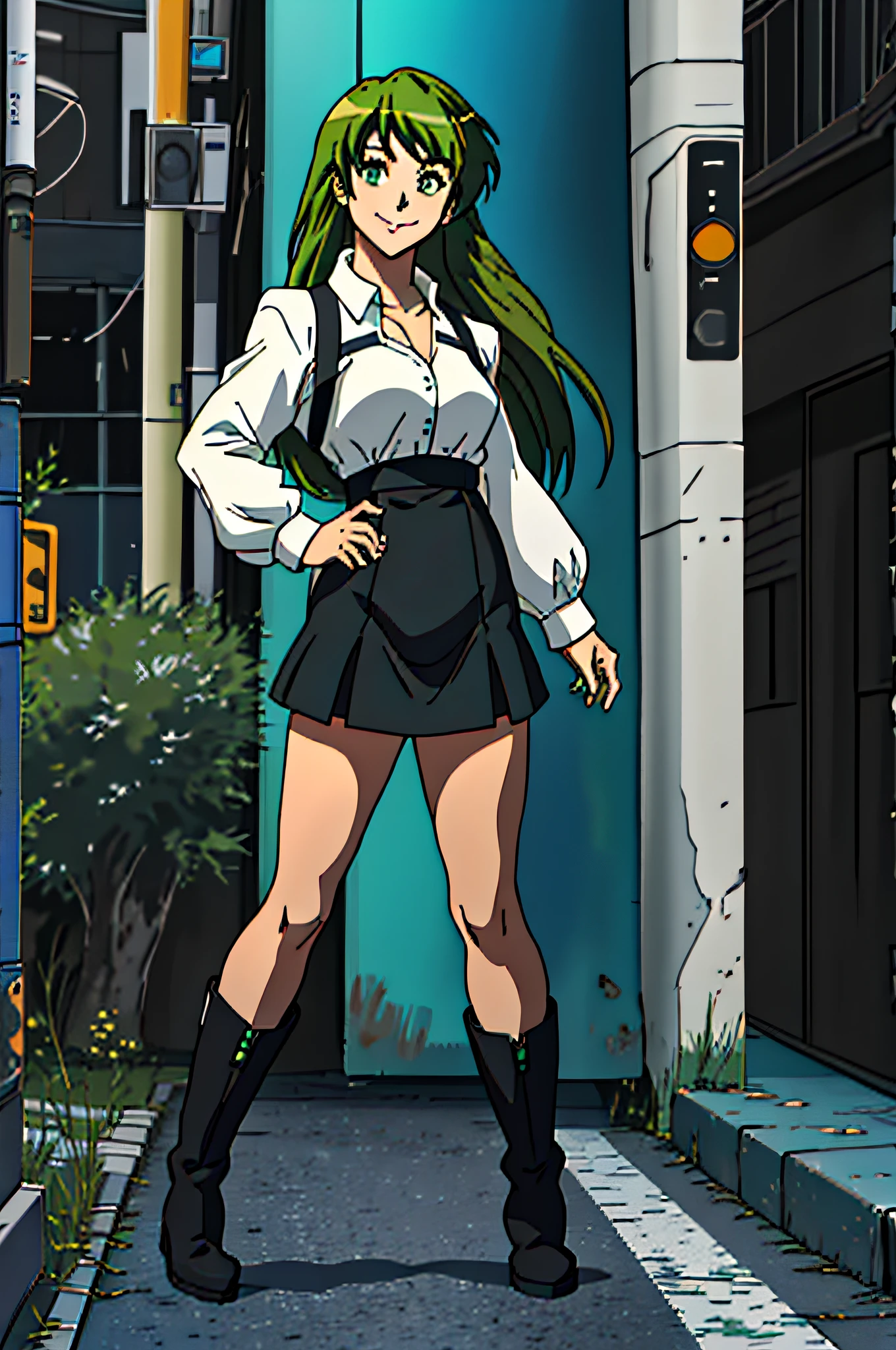 Best quality, masterpiece, ultra high resolution, detailed background, realistic, solo, feminine, young, , long hair, green hair, street, full body, gothic, white shirt long sleeves, short dress, black dress, black skirt, short skirt, black boots, long boots, sports, skinny thighs, light smile, depth of field,