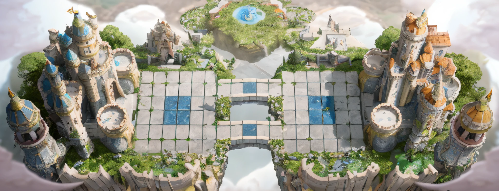 there is a small castle with a fountain and a fountain in the middle, odin's stone arena background, background aerial battle, league of legends concept art, arena background, game map matte painting, ornate borders + concept art, riot games concept art, game environment design, stuning fantasy 3 d render, stylized concept art, painted as a game concept art, game cg