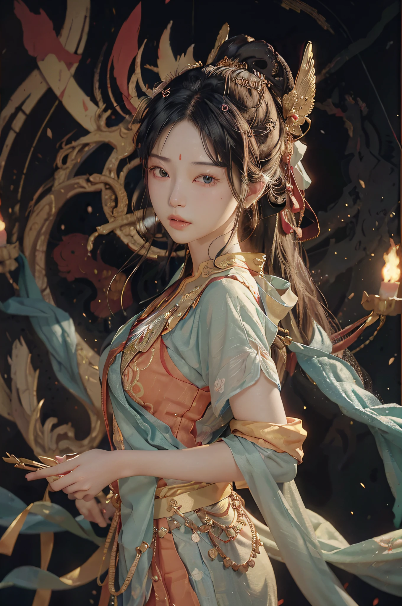 (RAW photo, best quality), (realistic, photo-realistic:1.3), best quality, highly detailed, masterpiece, ultra-detailed, illustration, 1girl, upper_body, dynamic angle, world mastery theater, messy_long_hair,best quality, extremely detailed CG unity 8k壁纸，墨水，惊人，电影灯光，lens_flare，dunhuang_style 诱人的姿势 动作中尽量不漏出手