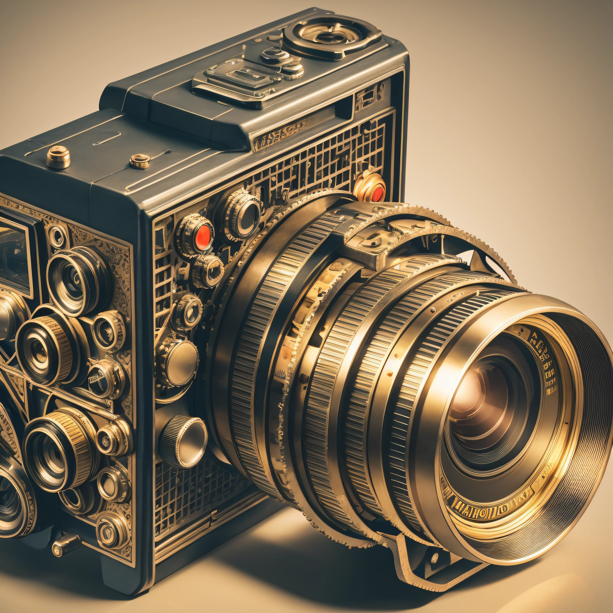 Provide an exploded view of a retro camera, showcasing the intricate details of its mechanical components. Capture the warmth of the lighting to emphasize its vintage appeal. Angle the view slightly downwards to showcase the inner workings of the camera. Shot during the golden hour, set in a vintage workshop. Technical details include capturing the movement of the shutter and aperture blades. --ar 7:4 --auto --s2