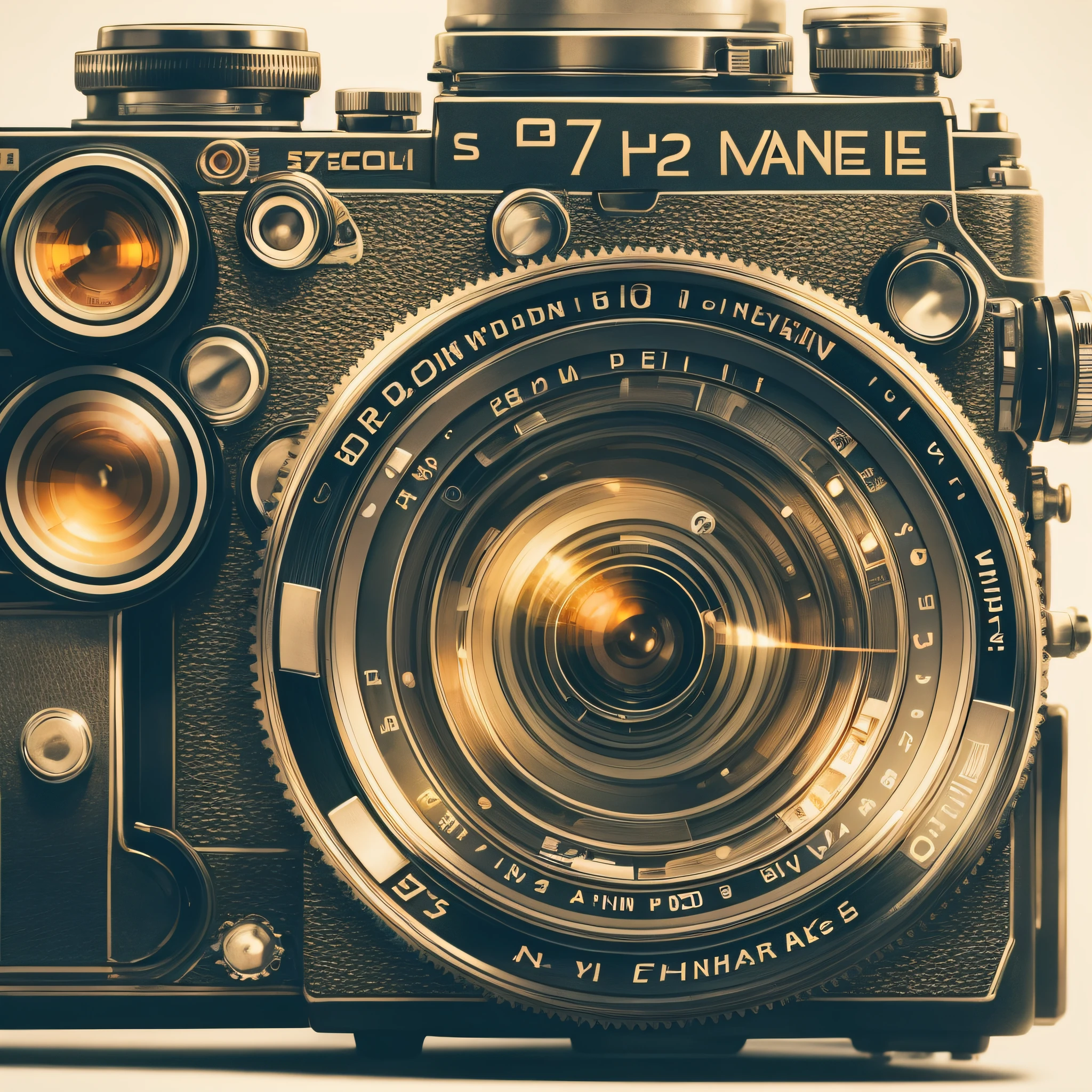 Provide an exploded view of a retro camera, showcasing the intricate details of its mechanical components. Capture the warmth of the lighting to emphasize its vintage appeal. Angle the view slightly downwards to showcase the inner workings of the camera. Shot during the golden hour, set in a vintage workshop. Technical details include capturing the movement of the shutter and aperture blades. --ar 7:4 --auto --s2