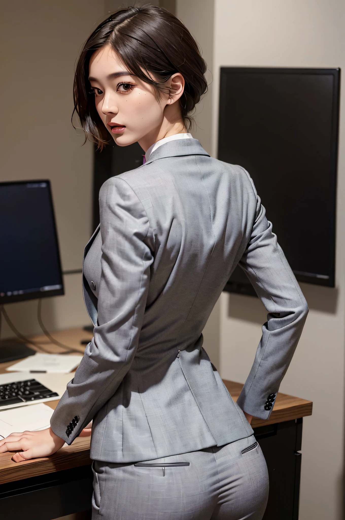 (Top Quality, 8k, 32k, Masterpiece, UHD: 1.2), 1 Girl, Beautiful Japan Woman, Thin Waist, Gray Suit, Open Jacket, Office Lady, Suit, Pants, From Back, Office, Desk, (Big Ass: 0.8), (Stick Out Butt: 1.2)), Detailed Face, Short Hair, Watch Viewers