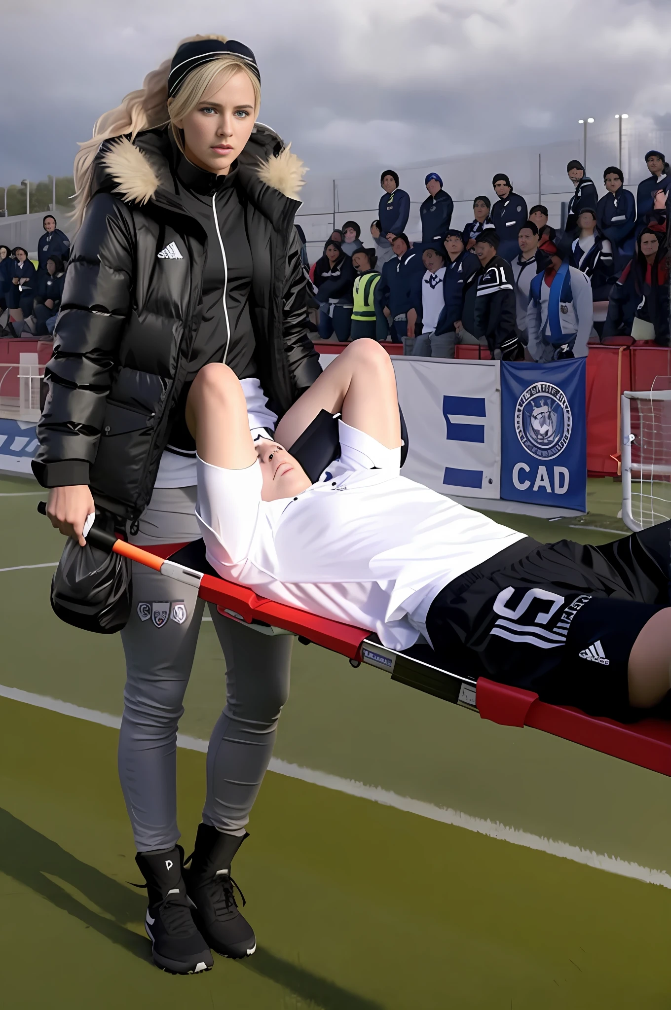 black and white down jacket, shiny down jacket, a blond longhaired woman is wearing a very high-gloss and waterproof puffy jacket and shiny leather pqants, the woman is carrying a stretcher in a sports stadium, on the stretcher lies a young Caucasian football player, the football player is wearing a white short-sleeved shirt and black shorts, the soccer player is lying on his back on the stretcher and is covering his face with both hands, the woman is angry and shouts out loud, the woman is frightened and looks very concerned, the woman is loving the soccer player and is sending enormous amorous looks to him, the woman is carrying the stretcher out of the soccer field, the sports field in the background is a soccer field with a large visitors' stand, a soccer match is playing in the background, the sports field in the background is a soccer field with a large visitors' stand, a soccer match is playing in the background, dramatic action pose, dramatic suffering pose, accident scene, first-aid-scene, theatralic pity poses --auto --s2