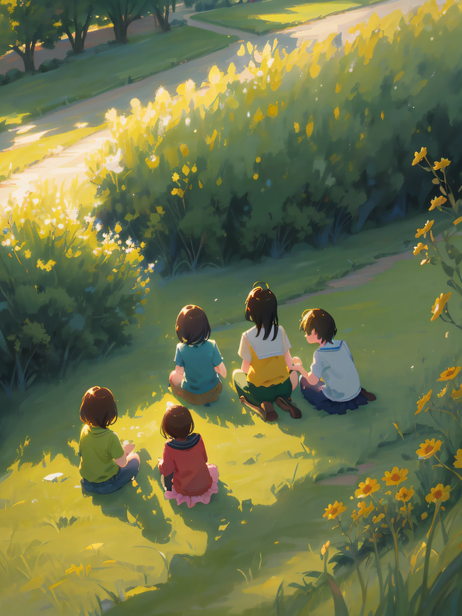 Painting of three children sitting on the grass of the park, children's art in the art station, Guvez style artwork in Han Yonghao's style, cute digital painting, inspired by Goro Fujita, Studio Ghibli Sunshine, Studio brisk Makoto Shinkai, Atey Ghailan 8 K, Makoto Shinkai, Makoto Shinkai, distant shots, landscapes occupy the main part of the composition