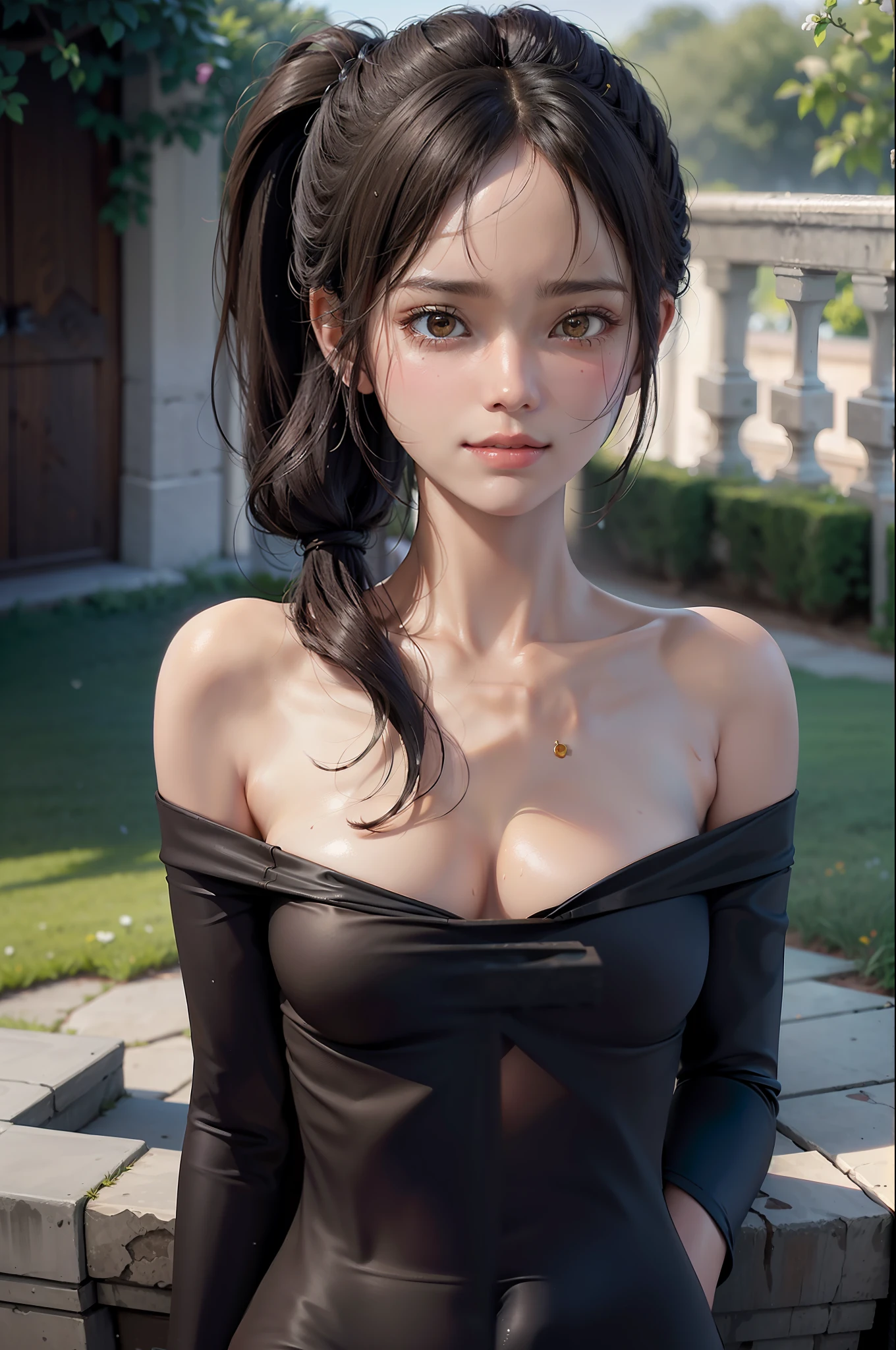 (Best Quality: 1.1), (Masterpiece: 1.2), Portrait,
1 Girl, yuzuriha_, Black hair, Brown eyes, Ninja, Off shoulder, Cleavage, Small tits, Top knot, Mid-haired, Detached breasts, White band, Grinning, Outdoors, (blush:1.1), Flowers,
Pure_Innocent_girl, pureerosface_v1, ((torso))), subjective, (((depth of field)))), pale and shiny skin, sweaty, skin wet, embarrassed, embarrassed, cheeks blush