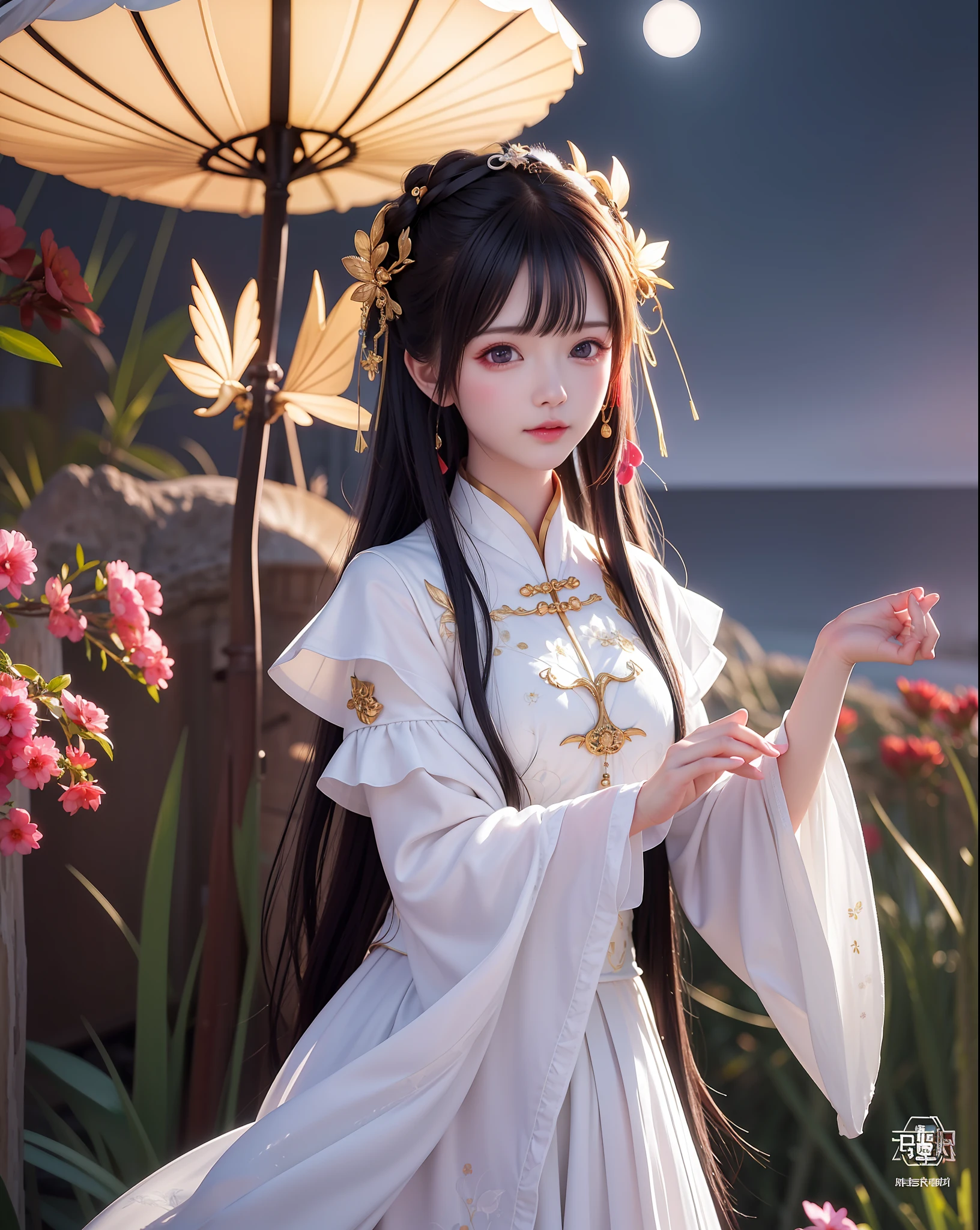 (8k, RAW photo:1.2), best quality, ultra high res,dramatic angle,(fluttered detailed color splashs), (illustration),(((1 girl))),(long hair),(rain:0.9), (头饰:1.4),少女身边有一座古宫,汉服,(重点),彩色水墨画,(泼彩),泼彩,(((colorful))),(素描:0.8) , Masterpiece, best quality, beautiful painted, highly detailed,(denoising:0.6),[splash ink],((ink refraction)), (beautiful detailed sky),moon,highly,detaild,(masterpiece, best quality, extremely detailed） CG unity 8k壁纸，杰作，最好的质量，超详细），（石蒜），