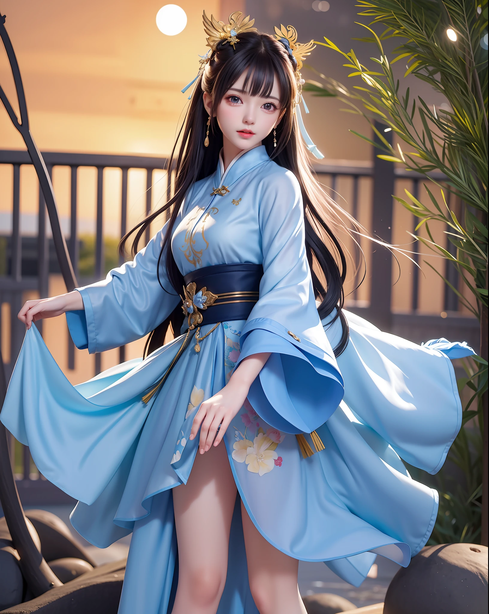 (8k, RAW photo:1.2), best quality, ultra high res,dramatic angle,(fluttered detailed color splashs), (illustration),(((1 girl))),(long hair),(rain:0.9), (头饰:1.4),少女身边有一座古宫,汉服,(重点),彩色水墨画,(泼彩),泼彩,(((colorful))),(素描:0.8) , Masterpiece, best quality, beautiful painted, highly detailed,(denoising:0.6),[splash ink],((ink refraction)), (beautiful detailed sky),moon,highly,detaild,(masterpiece, best quality, extremely detailed） CG unity 8k壁纸，杰作，最好的质量，超详细），（石蒜），