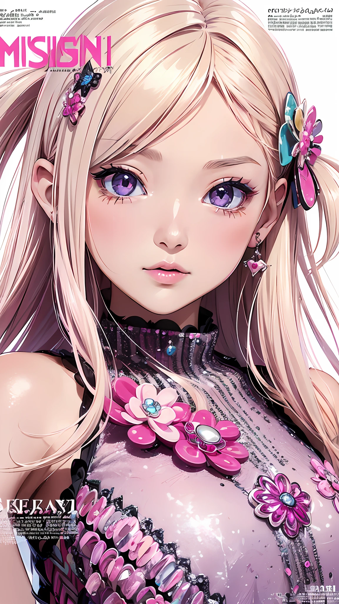 Realistic, Hyper Detail, Girls Only,  Dynamic Lighting, (Glossy skin: 1.5), Masterpiece, Top Quality, Absurdity, , BREAK (design kawaii A fashion magazine page with girly style theme,:1.7),one side short layered bob,((Blonde:0,7) and (light purple inner color:0.3) Hair), deep Purple Clear Eyes,((Beautiful, detailed eyes, jewel-like eyes, sparkling eyes:1.3))