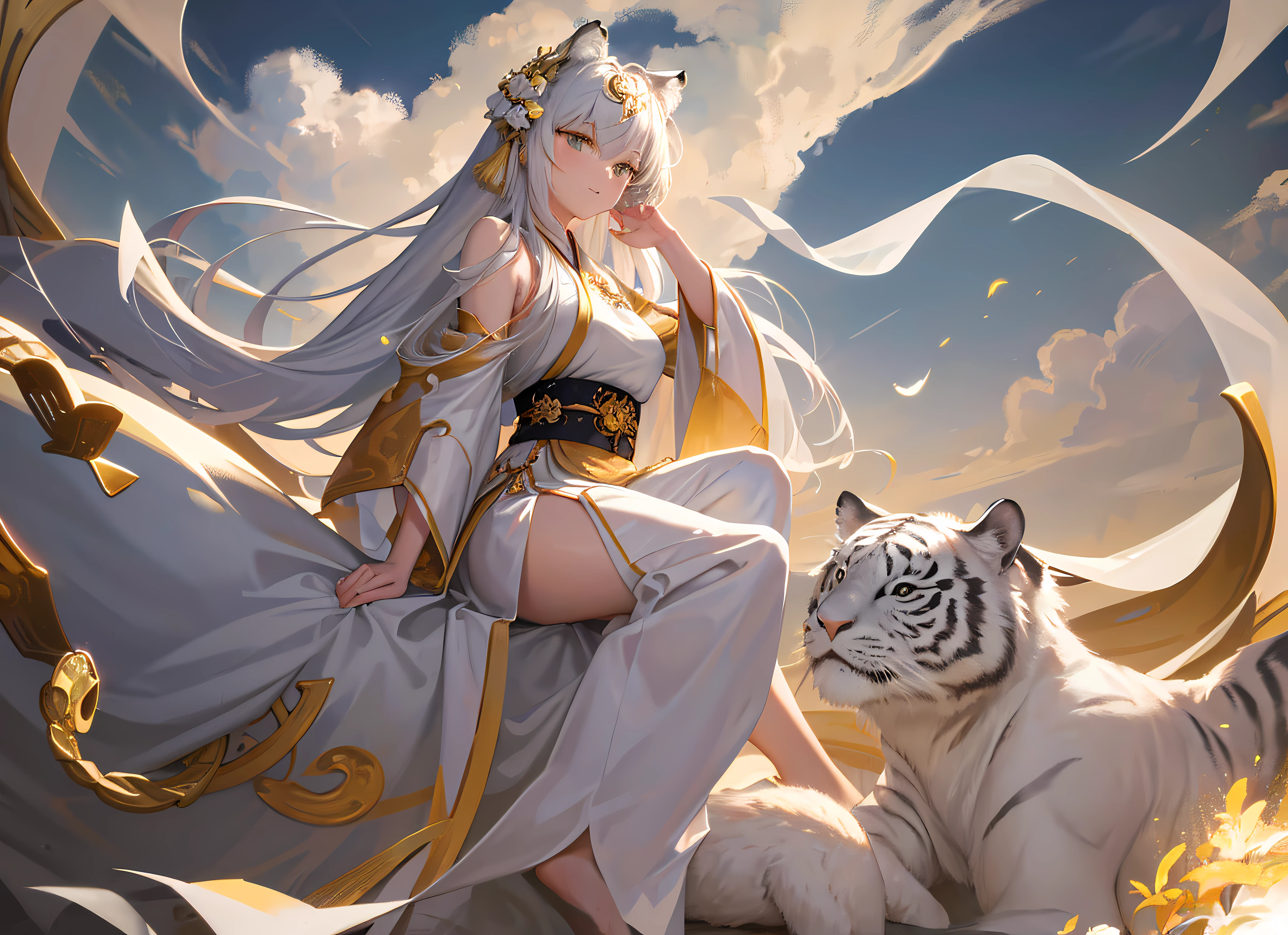 A white tiger, cloud, fragments, ultra hd, 4k, Tyndall effect, mature and delicate woman, golden pluton, plump, gorgeous Hanfu, sitting on the back of a tiger, broad background, hair coiled