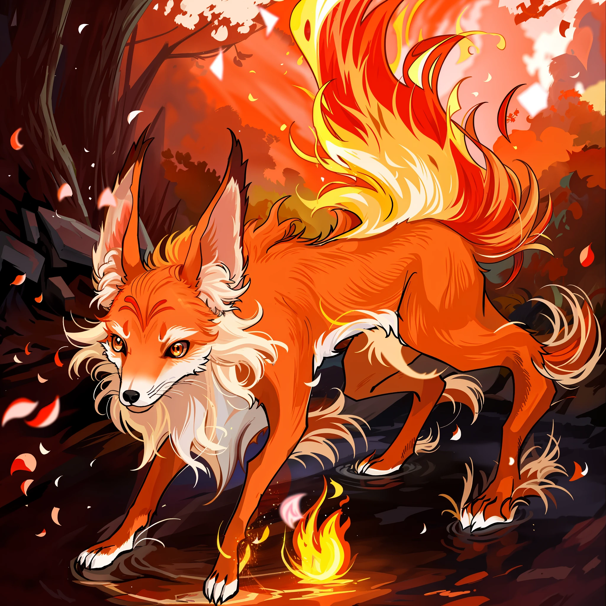 Fire-red fox, tail is burning flames, sparks flying around, cute, game illustration