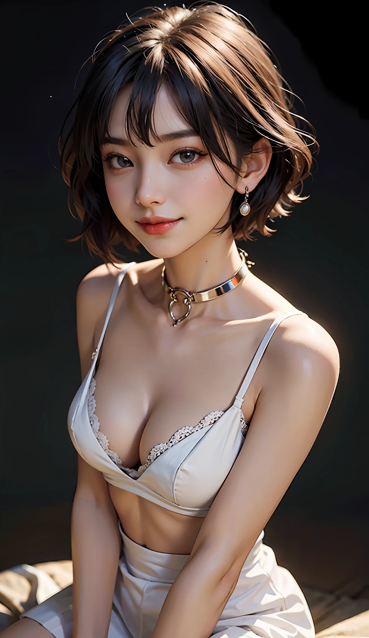 (8k, RAW photos, top quality, masterpiece: 1.2), (realistic, photorealistic: 1.37), super detailed, one girl, cute, solo, sitting, dating, (blush nose), (smile: 1.1), (mouth closed), big breasts, seductive smile, big apartment, professional lighting, Sony A7R4, Zessy 50mm f1.8, medium-breasted, Beautiful detail eyes, (shirt with collar: 1.1), bow tie, pleated skirt, (short hair: 1.2), floating hair, beautiful woman, very sexy body, big breasts looking directly at the camera, big breasts, cute expression, sexy expression, chest between arms to make cleavage, chest closer, deep cleavage, overwhelming charm, overwhelming cuteness, overwhelming beauty, overwhelming charm, coquettish smile, happy smile, happy smile, skin luster, big eyes, clear eyes, eye highlights, clear double eyelids, eyelashes, long neck, beautiful short hair, shiny dark black hair, bangs, pure white background, sky background, beautiful navel, transparent charm, small underwear, transparent charm, shiny skin, skin luster, ears out