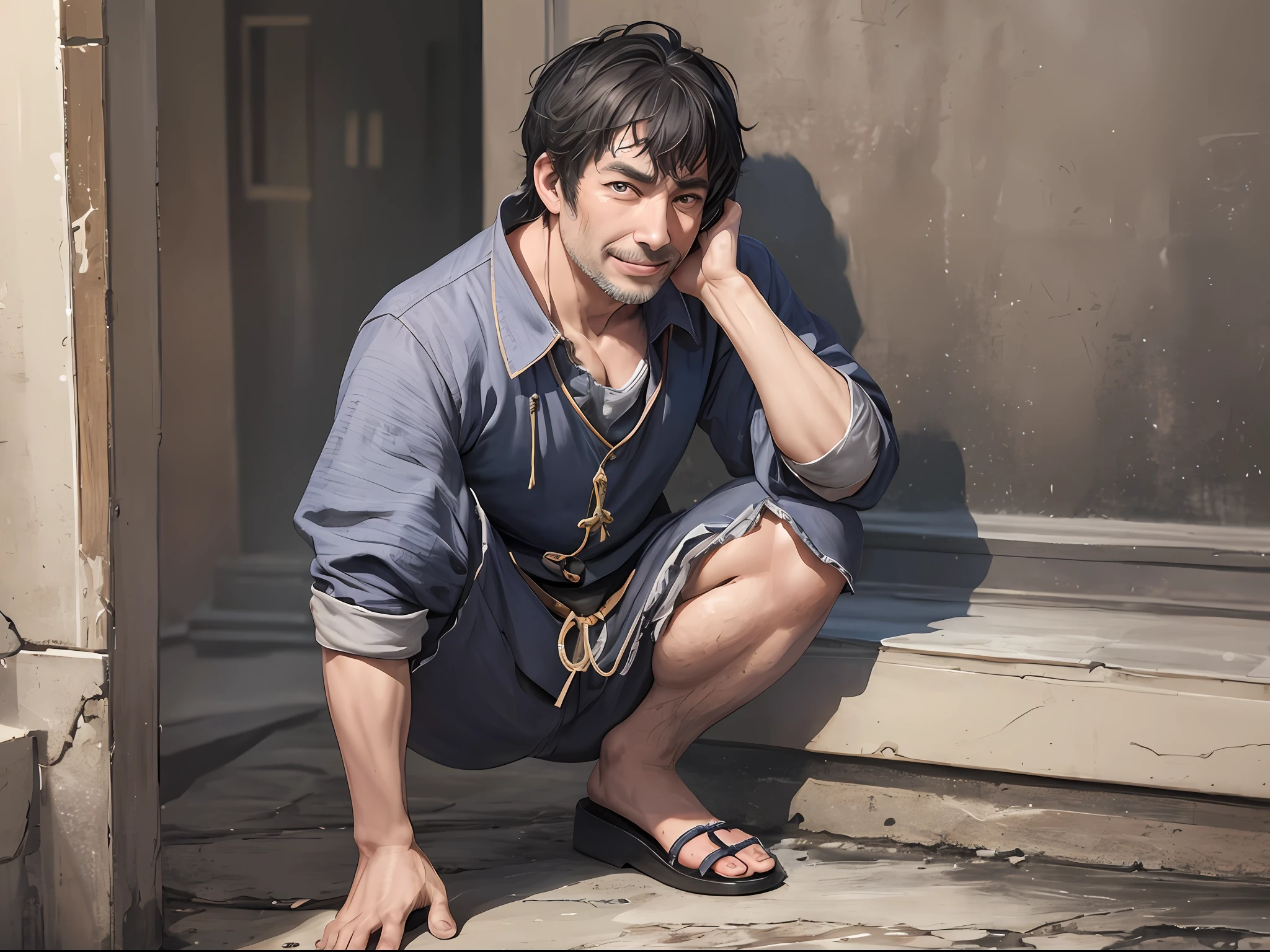 1 silly man, middle-aged man, solo, sloppy, full-body, tortured, painful, thin, cloth ((ultra-realistic details)), Chinese Republic of China style, global illumination, short black hair, shabby clothes, sloppy, 8k, silly smile, a pair of bright eyes