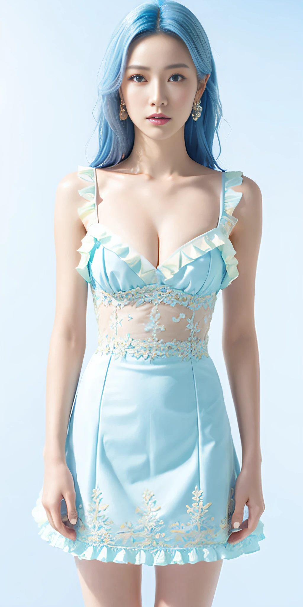 [white:blue:0.45] theme, masterpiece, maiden masterpiece, detail visual art, brown eyes, sky blue hair, long hair, collarbone, royal princess, elegant, gorgeous adult dress, detail cascading skirt, [detail frill: 0.1], [frilled dress: 0.1], embroidery, [detail princess dress: 0.1], bare shoulders, big breasts, open crotch, thigh seam, garter, groin, [NSFW|uncensored], (gradient background: 1.1), low wing