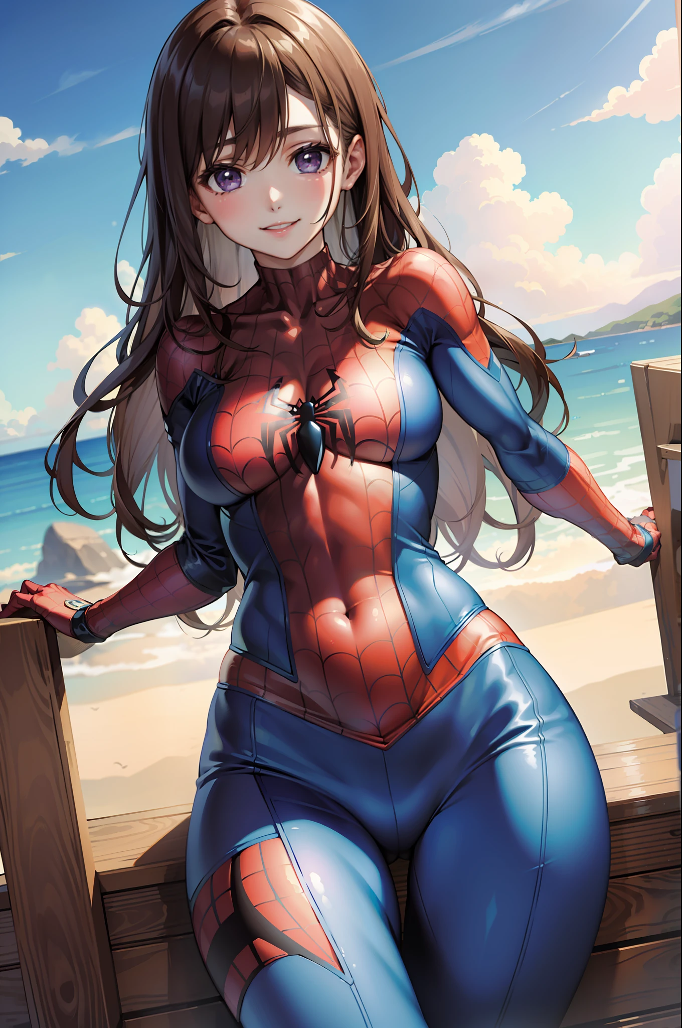 (masterpiece, best quality:1.2), cowboy shot, solo, 1girl, smile looking at the viewer, hand on thigh, wide hips, long brown hair, purple eyes, spider costume, web print, web, blue sky, clouds