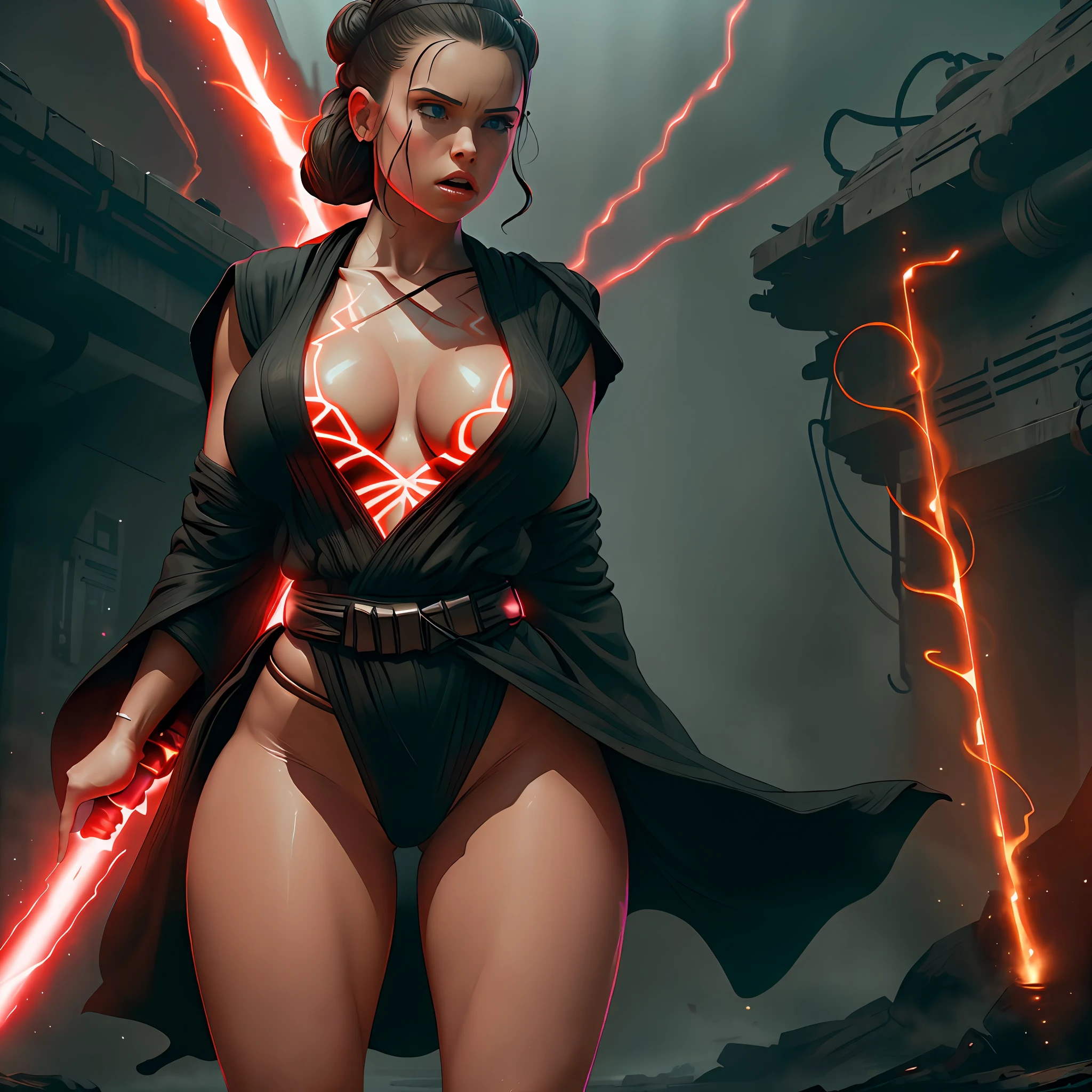 Solo, 1girl, rey, sith, Star Wars, black robes, red light saber, (thepit bimbo:1.0), wide hips, narrow waist, thick thighs, 8k, huge resolution, highly detailed, glowing skin, cleavage focus, [Daisy Ridley], breast enlargement, huge breasts,