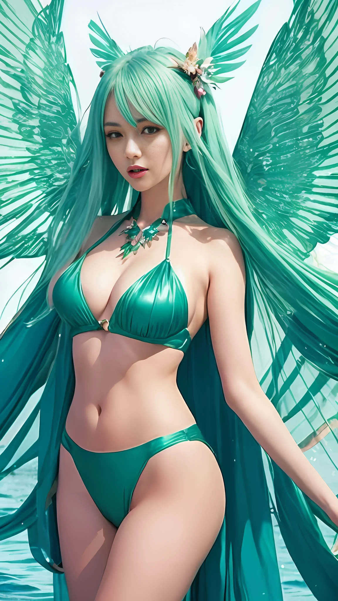 A close-up of a woman in a green bikini with flaming wings. Charming cosplay, teal ethereal tendril wings, dressed in fantasy costumes, Hatsune Miku cosplay, elegant and charming anime goddess. Morrigan Anslan anime character style that shines out with full-body art and exotic Fey features. Detailed and meticulous realistic style, photography masterpiece, octane rendering