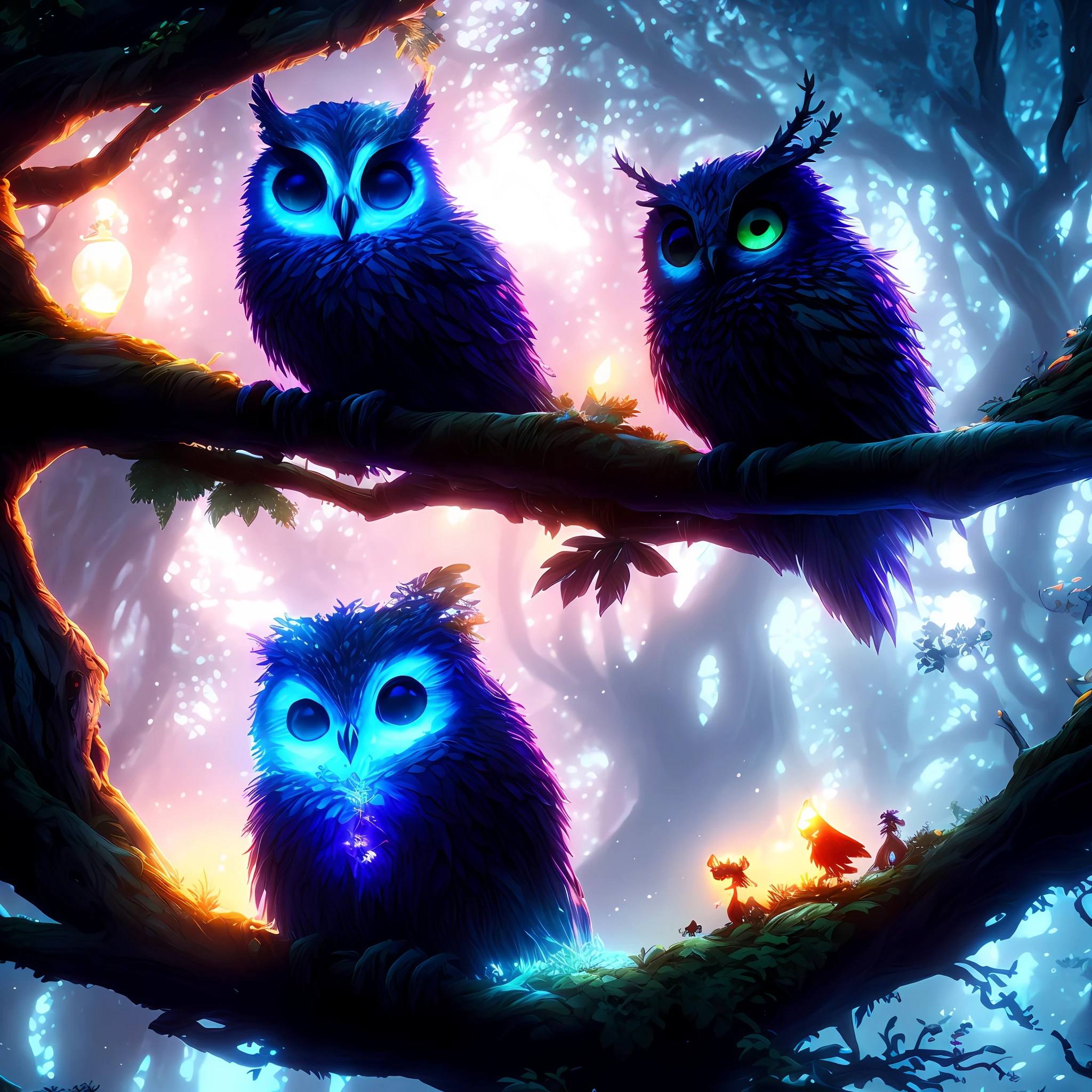 (Ori and the Blind Forest), (Ori and the Elven Will), Woods, Mushrooms, Giant Black Owl, 8K, Epic Cold Blue Light
