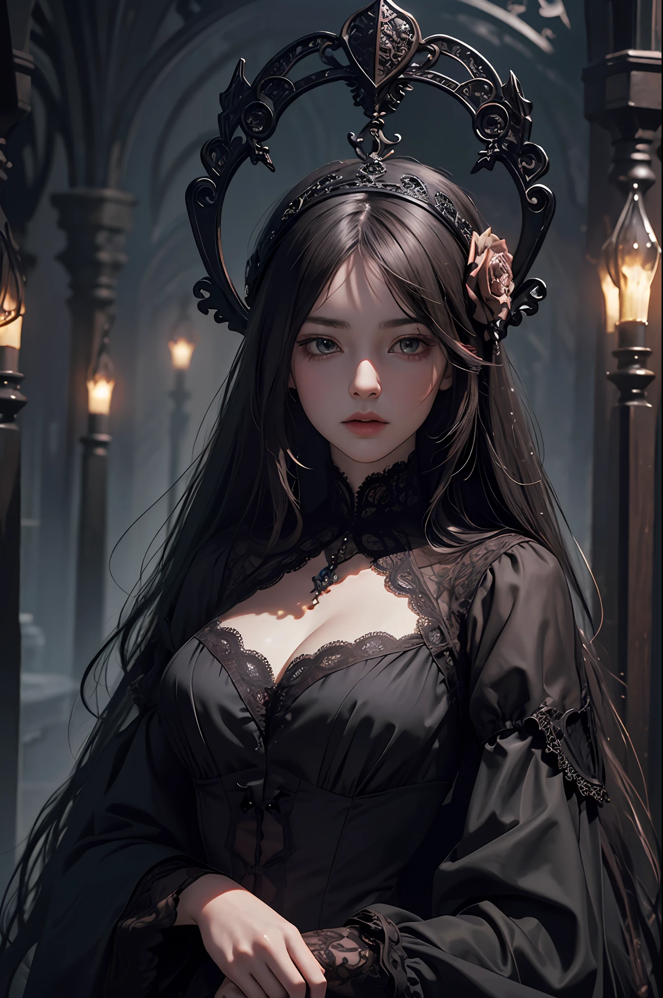Official Art, Unity 8k wallpaper, super detailed, beautiful, beautiful, masterpiece, best quality,
darkness, atmosphere, mystery, romanticism, creepy, literature, art, fashion, victorian, decoration, intricacies, ironwork, lace, contemplation, emotional depth, supernatural,
1 girl, solo, neck, bust composition