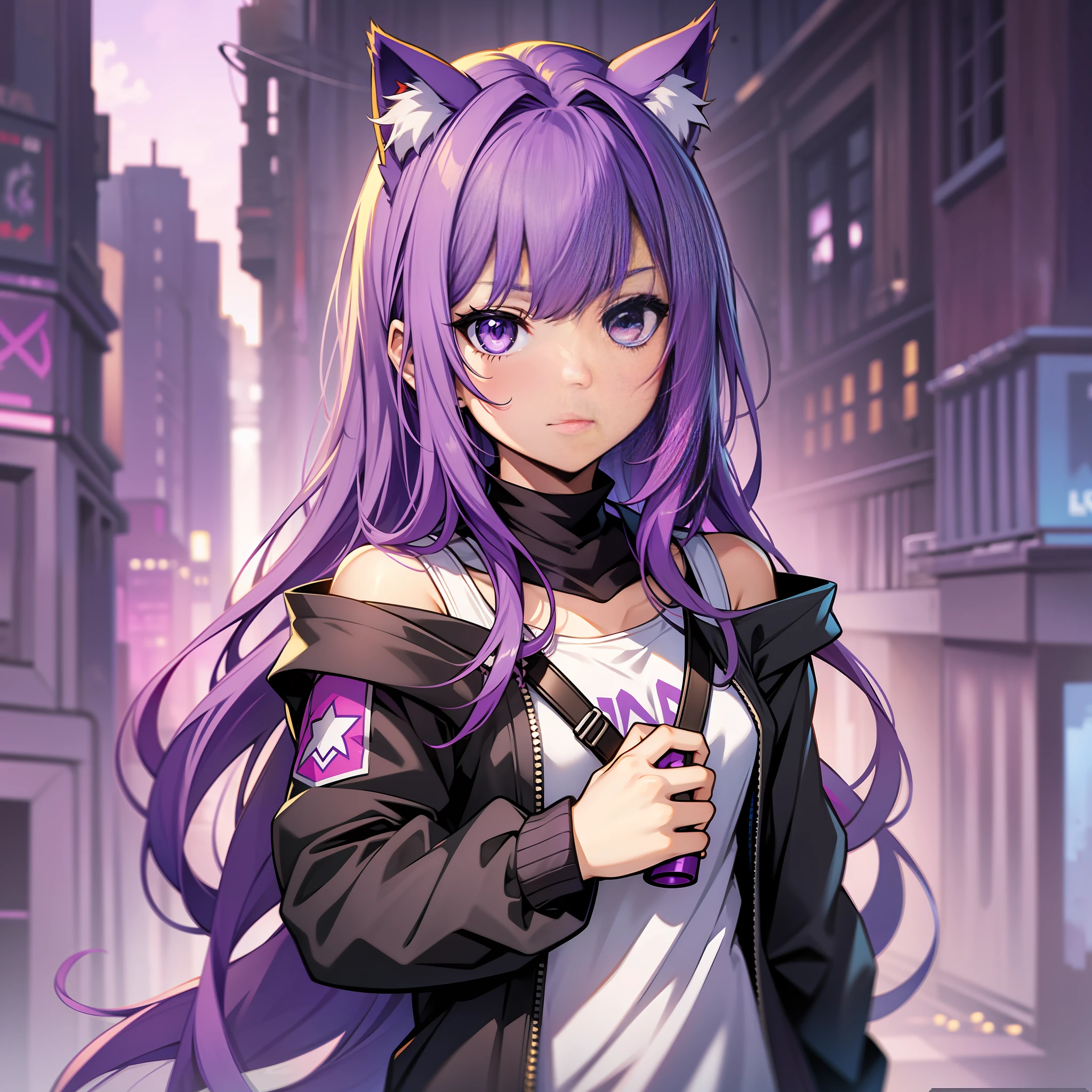 A little girl, shoulder long hair, purple hair, little purple cat ears, a purple cat swantz, holding a seense in her hand, assassin clothes, amine style