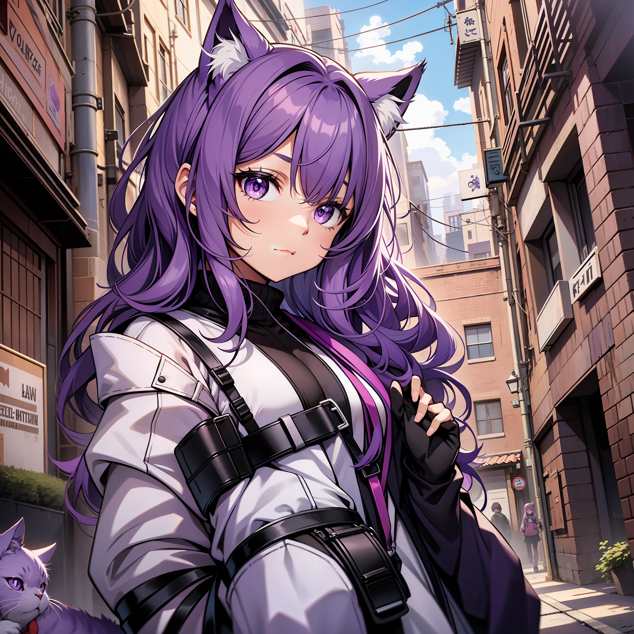 A , shoulder long hair, purple hair, little purple cat ears, a purple cat swantz, holding a seense in her hand, assassin clothes, amine style