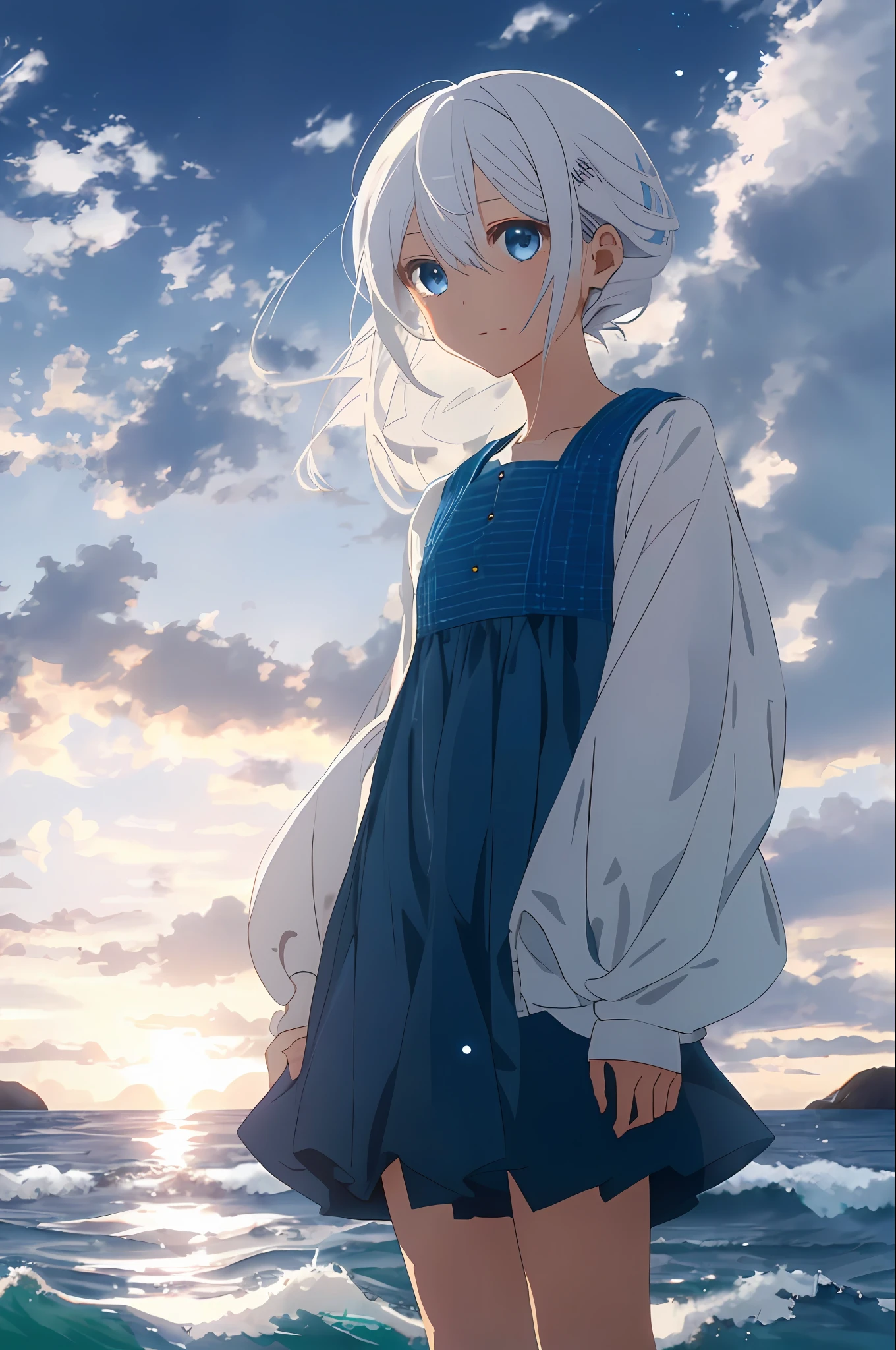 [(Cloud background: 1.5),::5](Isometric: 1.0), 1 girl, medium shot, full body, ocean, waves, splash, sky, light particles, night, starry sky, sea and sky, dawn, white hair, blue eyes, long hair, tender white skin