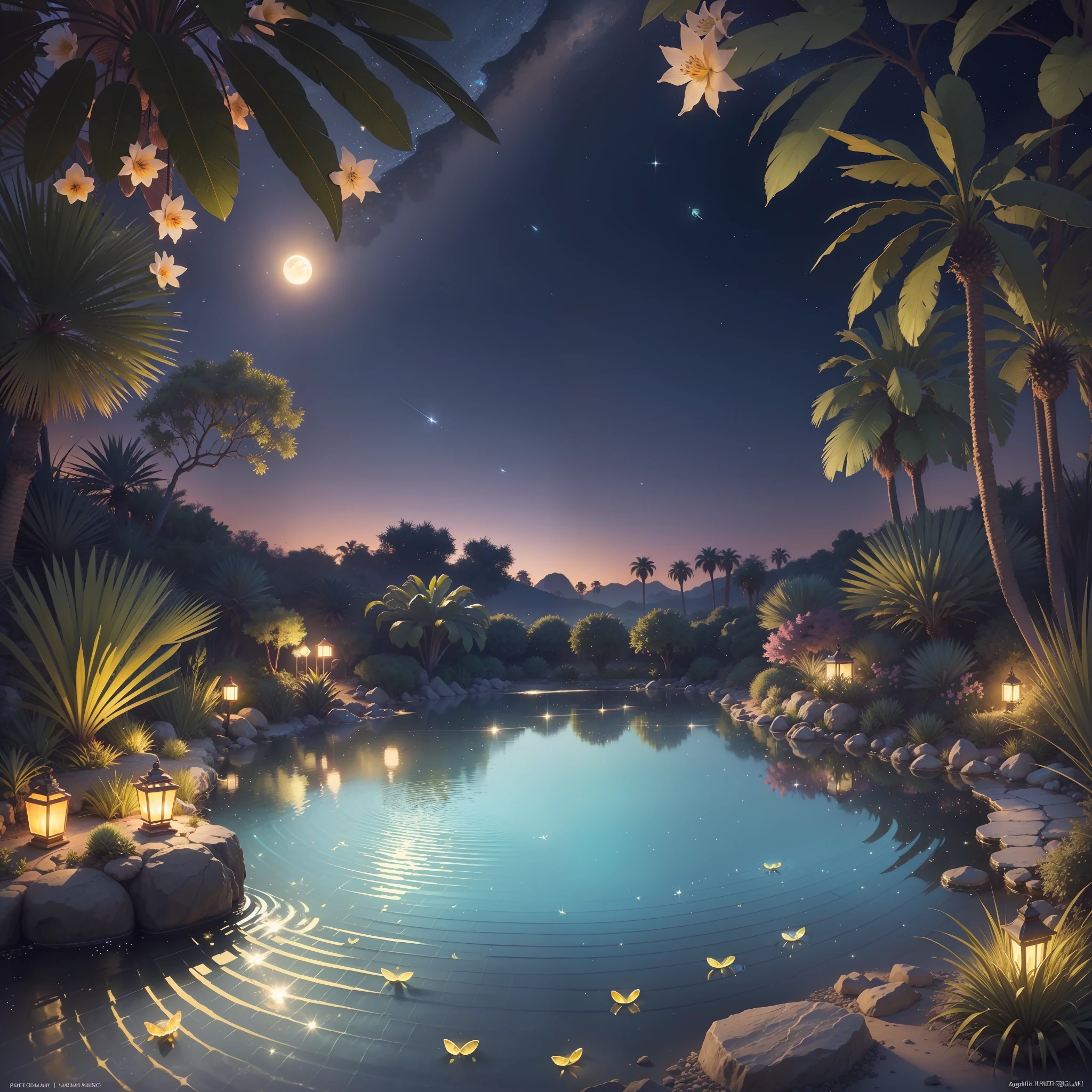 Small oasis with a small lake with a small ((waterfall)) and with three palm trees, in the center of a desert. At night with full moon that is reflected in the water. In the air shine beads ((fireflies)) which gives a magical touch to the image. Luminous fish in the water. Photorealistic, hyperdetailed, high quality, 8k