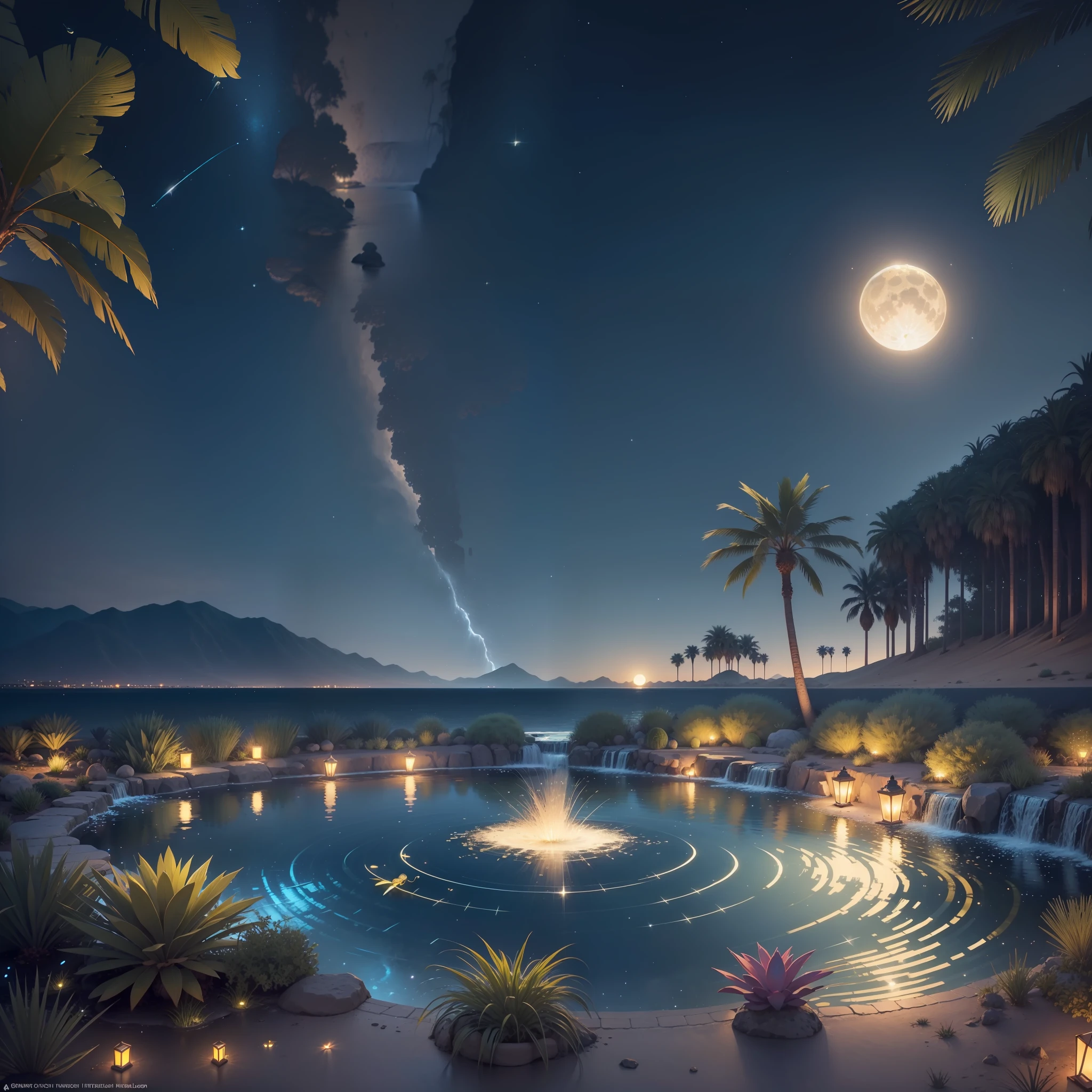 Small oasis with a small lake with a small ((waterfall)) and with three palm trees, in the center of a desert. At night with full moon that is reflected in the water. In the air shine beads ((fireflies)) which gives a magical touch to the image. Luminous fish in the water. Photorealistic, hyperdetailed, high quality, 8k
