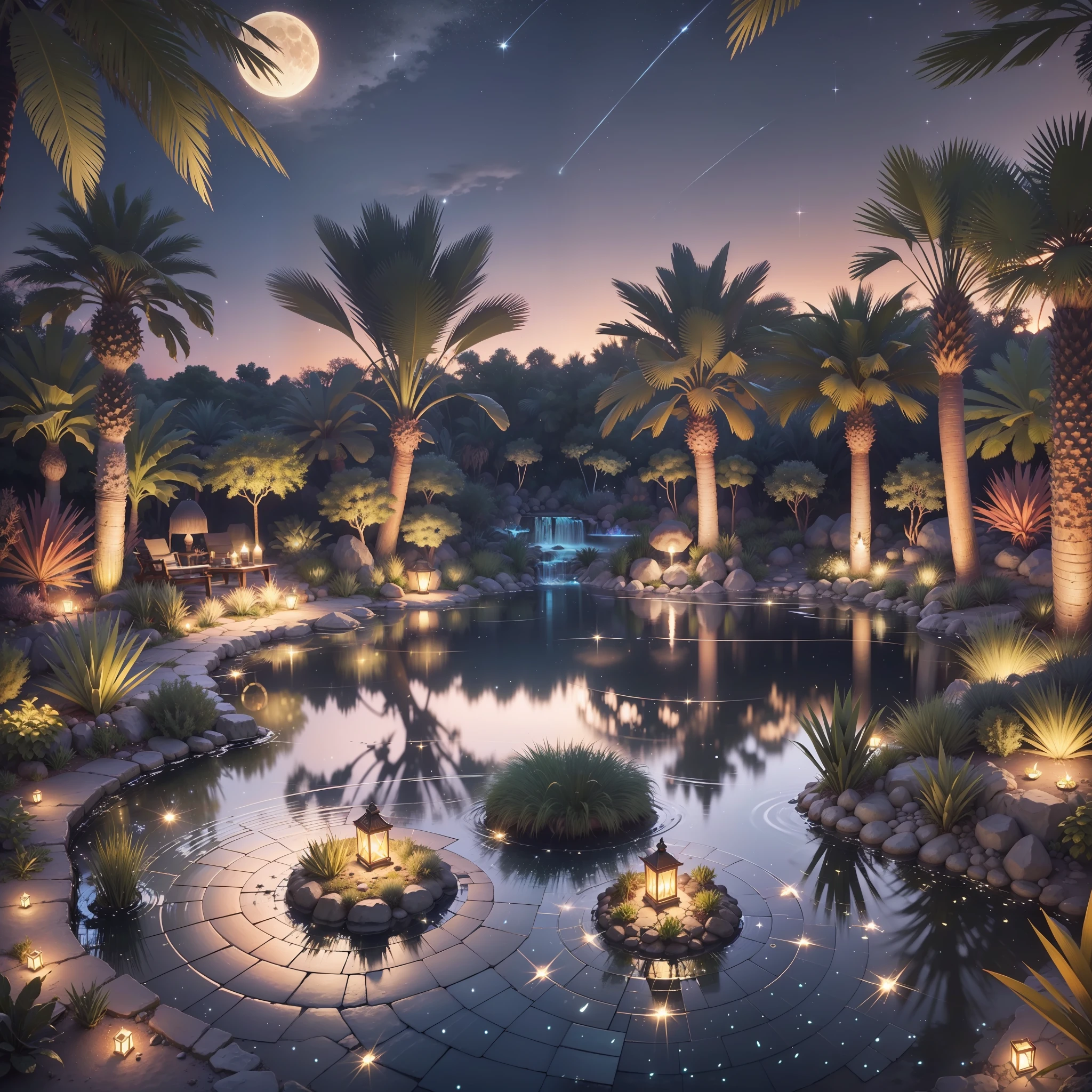 Small oasis with a small lake with a small ((waterfall)) and with three palm trees, in the center of a desert. At night with full moon that is reflected in the water. In the air shine beads ((fireflies)) which gives a magical touch to the image. Luminous fish in the water. Photorealistic, hyperdetailed, high quality, 8k