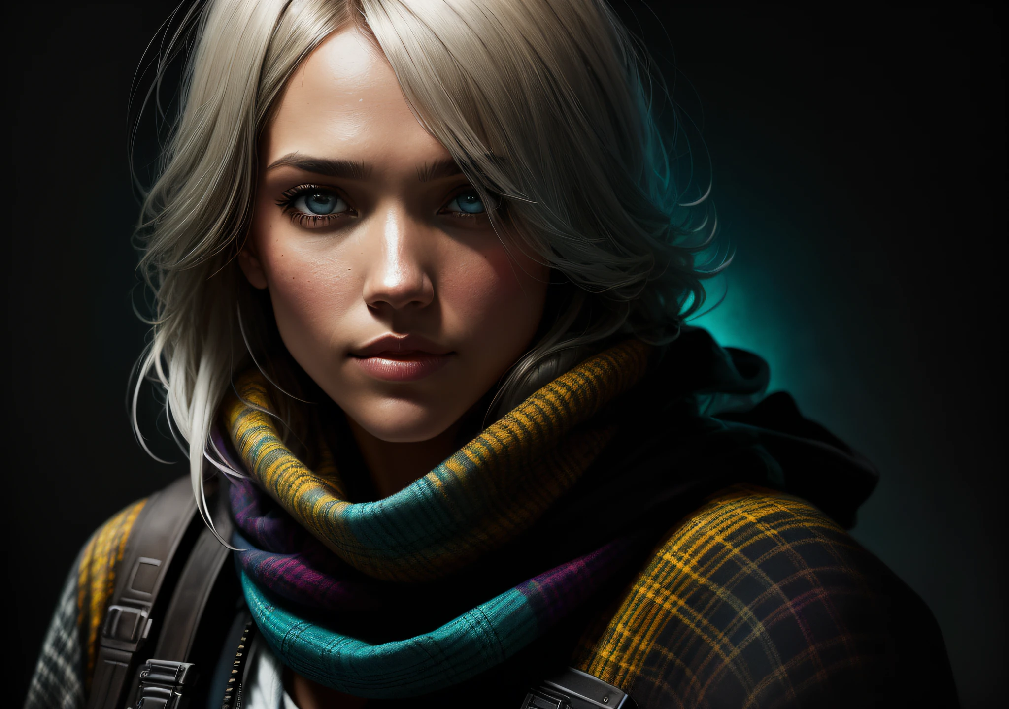 Jessica alba, dark photo: with body covered, driving old car, realistic epic, halo portrait, blue eyes, plaid scarf, white hair of Atey Ghailan, by Greg Rutkowski, by Greg Tocchini, by James Gilleard, by Joe Fenton, by Kaethe Butcher, yellow gradient, black, brown and magenta color scheme, grunge aesthetic!!! Graffiti brand wall background, art by Greg Rutkowski and Artgerm, soft cinematic light, Adobe Lightroom, Photo Lab, HDR, intricate, highly detailed, (depth of field: 1.4), faded, (neutral colors: 1.2), (HDR: 1.4), (soft colors:1.2), hyperdetailed, (Artstation:1.4), cinematic, warm lights, dramatic light, (intricate details:1.1), complex background, (Rutkowski:0.66), (blue and orange:0.4)