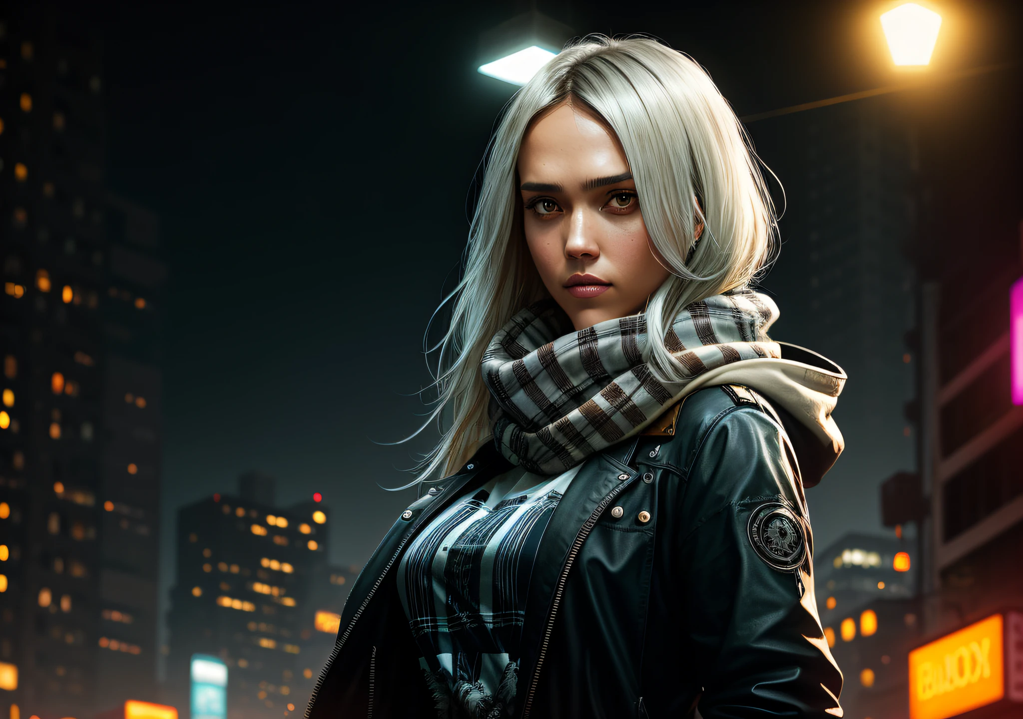 Jessica alba, dark photo: with body covered, driving old car, realistic epic, halo portrait, blue eyes, plaid scarf, white hair of Atey Ghailan, by Greg Rutkowski, by Greg Tocchini, by James Gilleard, by Joe Fenton, by Kaethe Butcher, yellow gradient, black, brown and magenta color scheme, grunge aesthetic!!! Graffiti brand wall background, art by Greg Rutkowski and Artgerm, soft cinematic light, Adobe Lightroom, Photo Lab, HDR, intricate, highly detailed, (depth of field: 1.4), faded, (neutral colors: 1.2), (HDR: 1.4), (soft colors:1.2), hyperdetailed, (Artstation:1.4), cinematic, warm lights, dramatic light, (intricate details:1.1), complex background, (Rutkowski:0.66), (blue and orange:0.4)