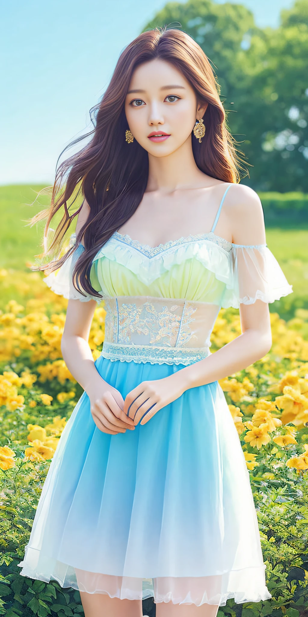[White:Blue:0.45] Themes, Masterpieces, Maiden Masterpieces, Detail Visual Arts, Brown Eyes, Sky Blue Hair, Long Hair, Clavicle, Royal Princess, Elegant, Gorgeous Adult Dresses, Detail Cascade Skirts, [Detail Ruffles:0.1], [Detail Ruffles:0.1], Embroidery, [Detail Princess Dress:0.1], Bare Shoulders,, Open Crotch, Thigh seam, garter, groin, [NSFW|uncensored], (Gradient background: 1.1), low wings, flower garden background