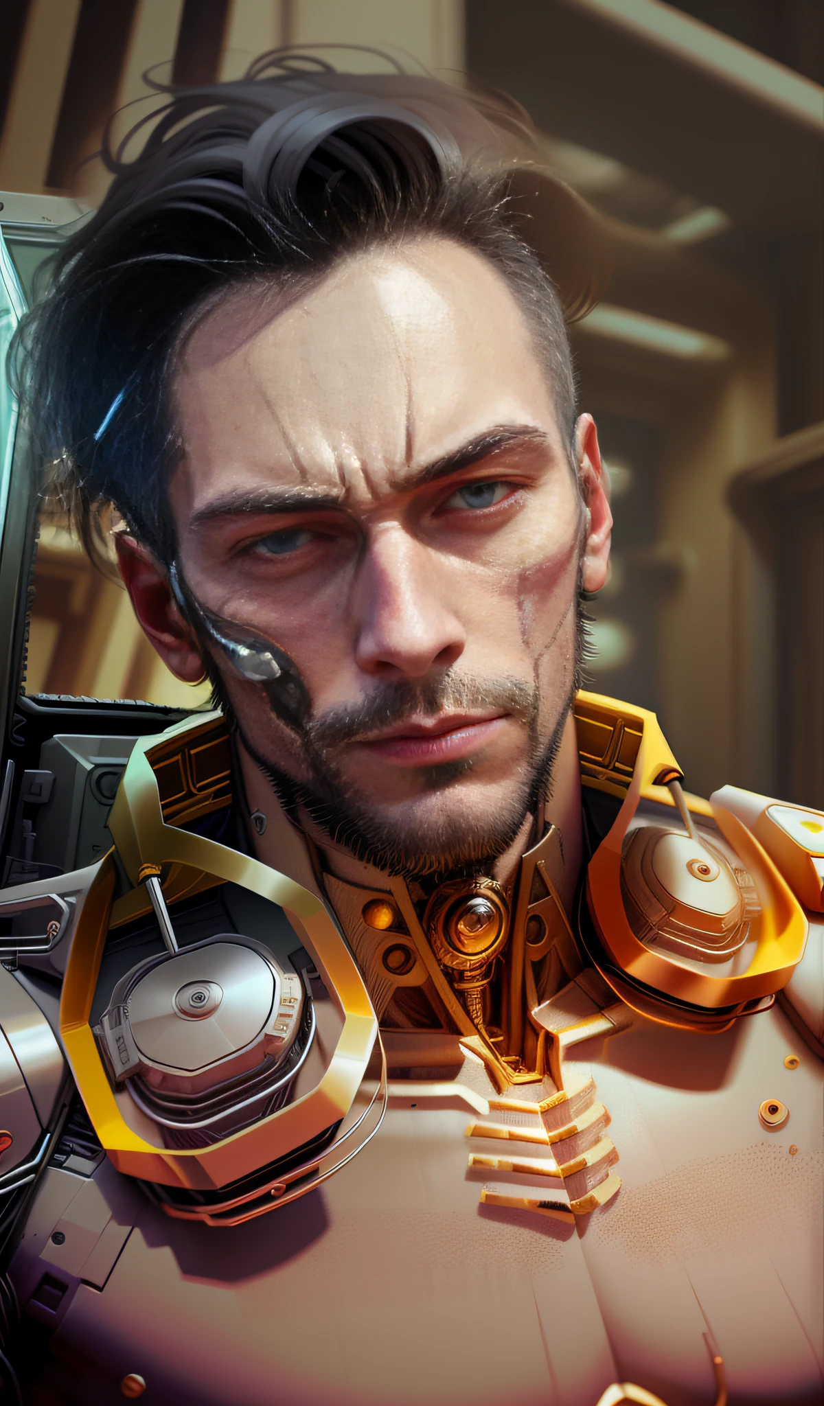 A cybernetic man in the range of 27 years old, muscular stereotype, with cowboy hat (mechanical parts: 1.5), fighting, bright eyes, short hair, tight supersuit torn, in a destroyed city, smoke and fire, aura of brilliant power, dynamic pose, dynamic vision, hyper detailed, 8k quality, with tattoo on the arm, mechanical roman watch on the chest, merge images, hyper realism. Enjoy original photo base, mechanical and human bust. With gray goatee and gray hair.