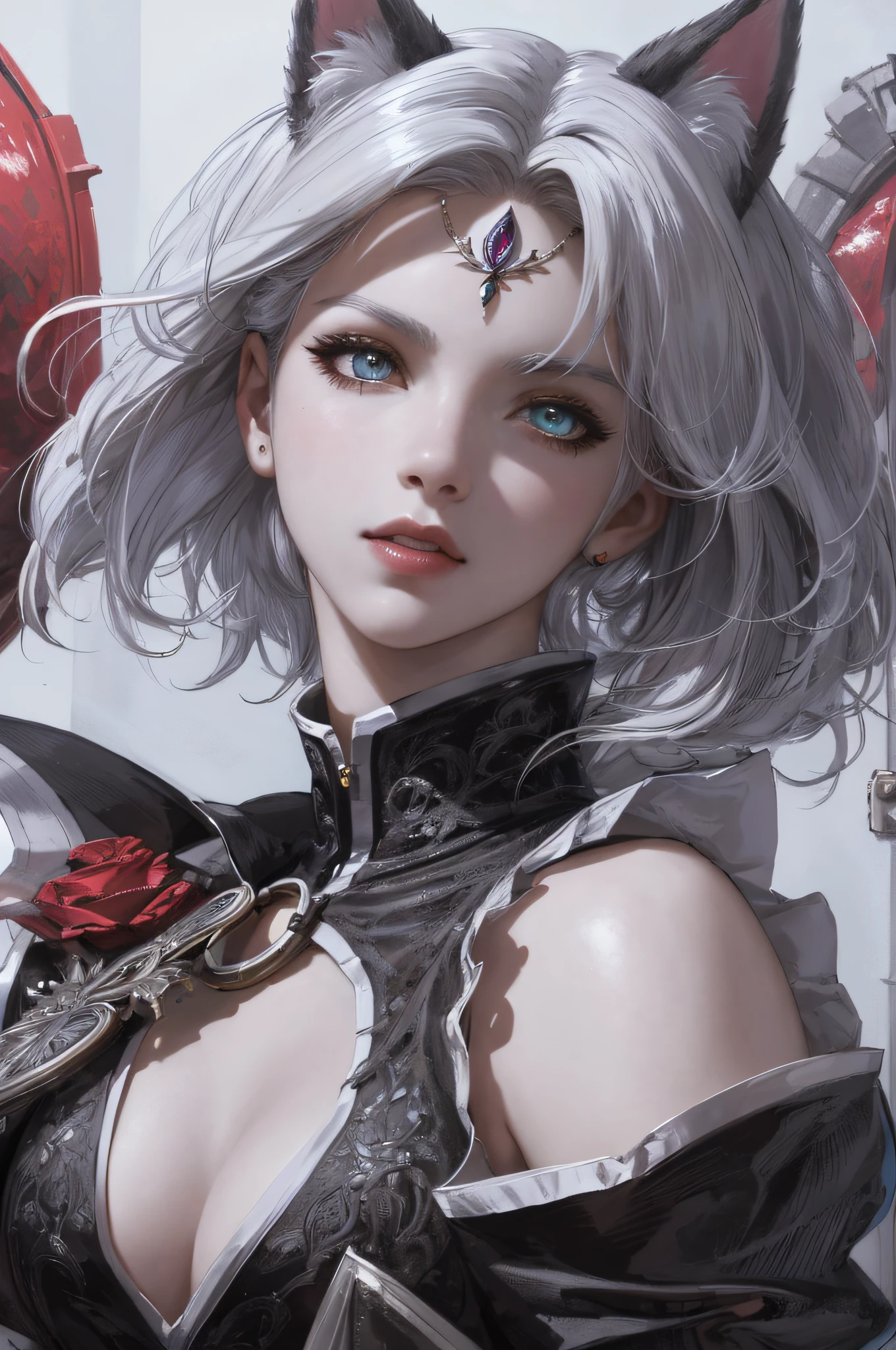 masterpiece:1.2, best quality), realistic, (real picture, intricate details, depth of field), (1girl, solo), make up, parted lips, highly-detailed, perfect face, (skindentation), thick thighs, wide hips, small waist, tall, glossy coral lips,
(masterpiece, best quality, ultra-detailed, best shadow), (detailed background,dark fantasy), (beautiful detailed face), high contrast, (best illumination, an extremely delicate and beautiful), ((cinematic light)), colorful, hyper detail, dramatic light, intricate details, (1 girl, solo,white hair, sharp face,blue and red eyes, hair between eyes,dynamic angle), swirling black light around the character, depth of field,black light particles,(broken glass),magic circle,cat girl,short hair, xenoblade, (heterochromia), ((cat ears))