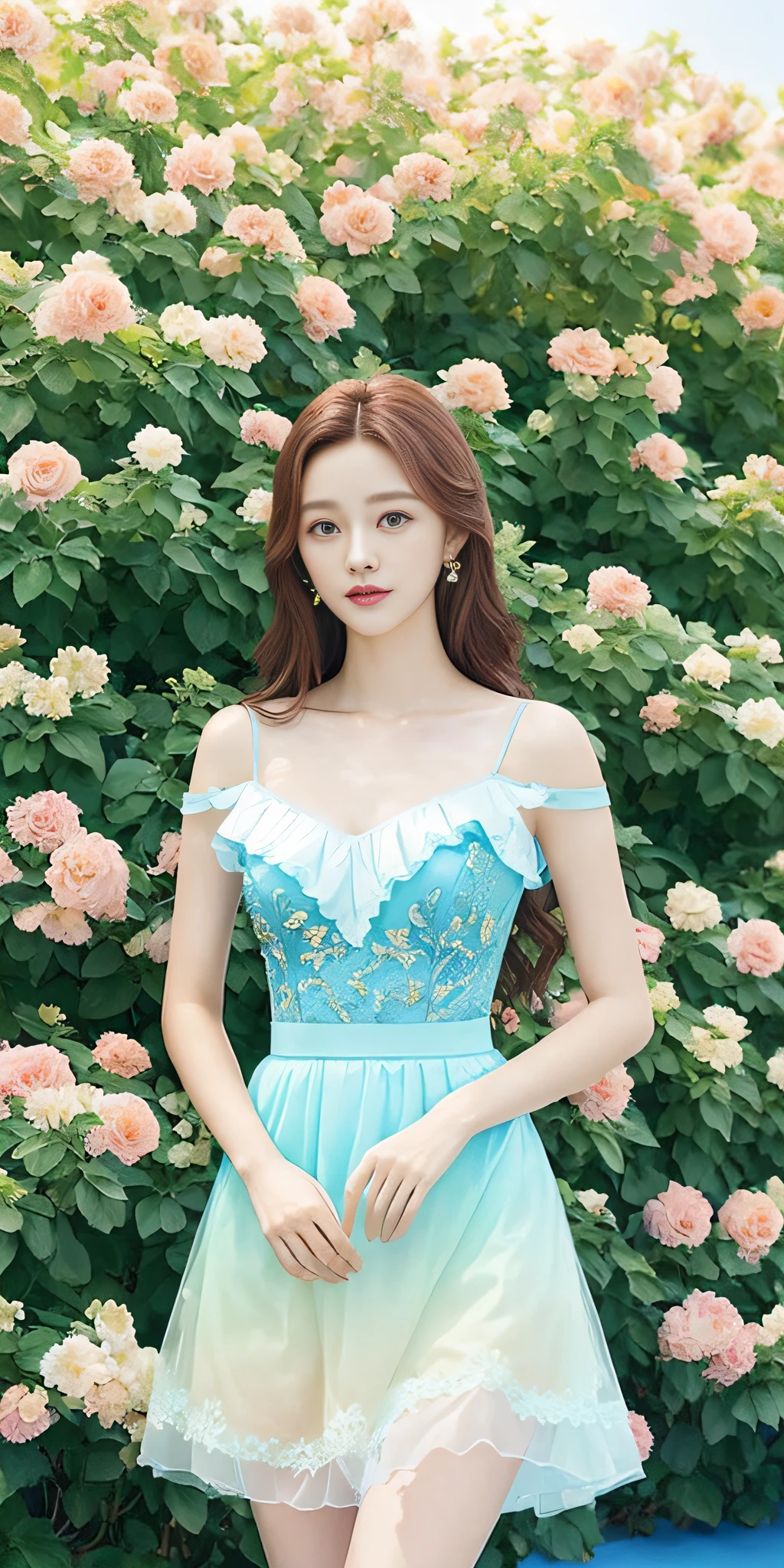 [White:Blue:0.45] Themes, Masterpieces, Maiden Masterpieces, Detail Visual Arts, Brown Eyes, Sky Blue Hair, Long Hair, Clavicle, Royal Princess, Elegant, Gorgeous Adult Dresses, Detail Cascade Skirts, [Detail Ruffles:0.1], [Detail Ruffles:0.1], Embroidery, [Detail Princess Dress:0.1], Bare Shoulders,, Open Crotch, Thigh seam, garter, groin, [NSFW|uncensored], (Gradient background: 1.1), low wings, flower garden background