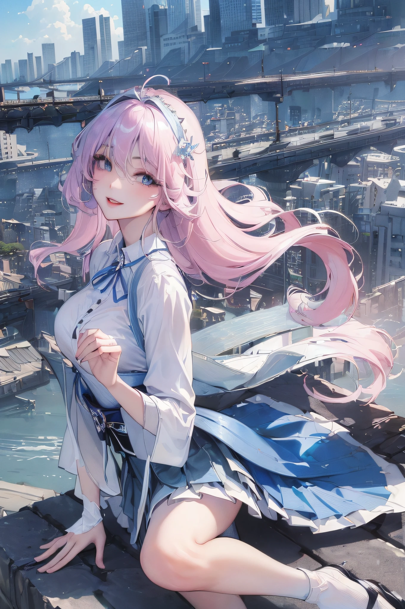 official art, masterpiece, sharp focus, (beautiful gorgeous cute Korean woman:1.3), (beautiful cute korean:1.3), korean beauty, Delicate and beautiful hair and eyes and face, realistic, ultra detailed, beautiful girl, blue sky, glow white particle, (sidelighting:1.2), sun light, white cloud, detailed clouds, slender, Lovely very large breasts and very large hips, smile with teeth, ((smile with eyes, open both eyes)), scenery, long straight hair, sexy facial expression, building, (cityscape:1.7), dynamic hair, long straight hair, detailed platinum pink hair, glow blue eyes, (blue pleated shirts + white skirt), white long socks, pale skin, hair ornament, epic scenery,
