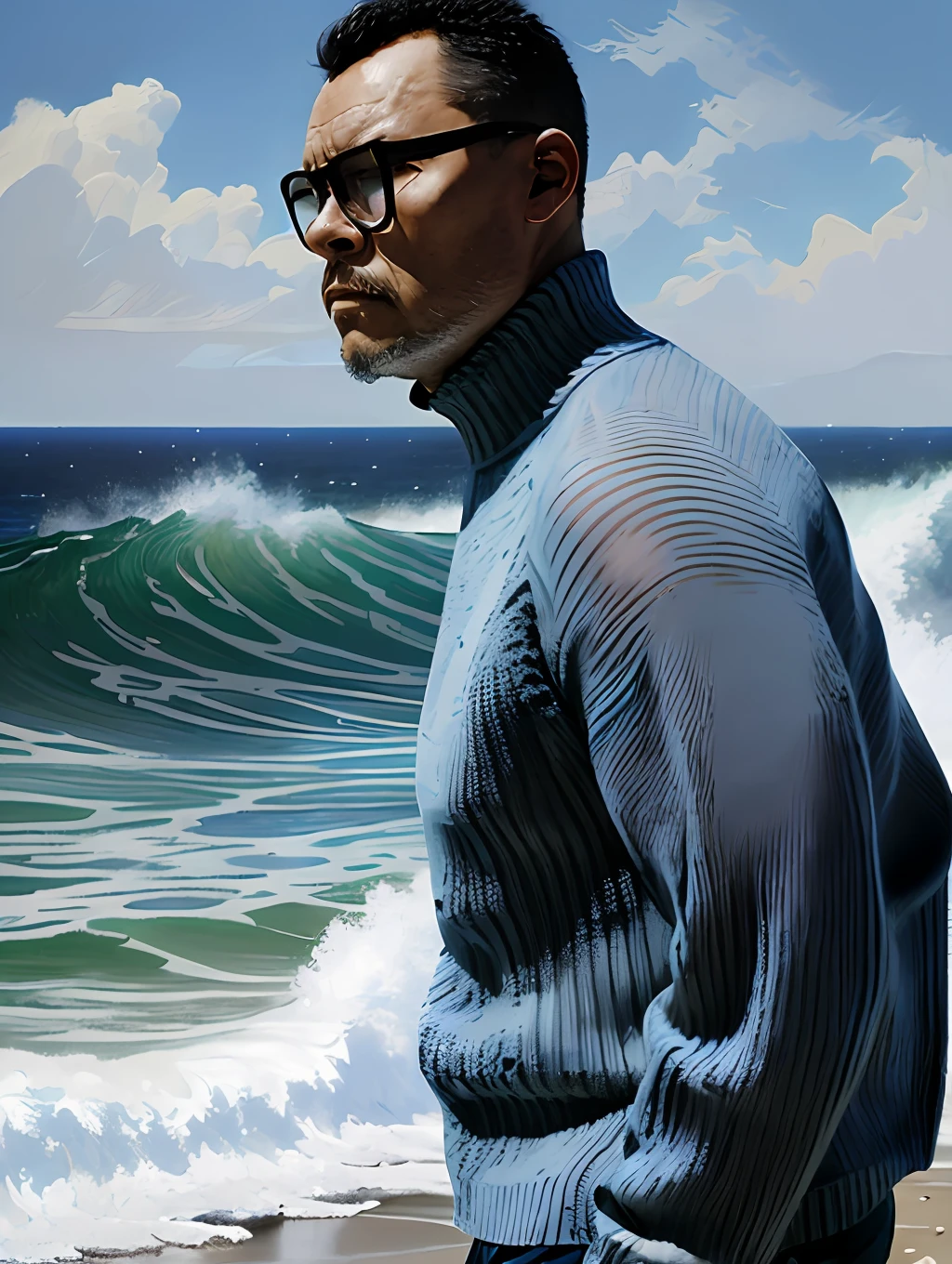 guttonerdvision5, portrait of the face of a stout (fisherman: 1.3), (focus on face: 1.5), (storm: 1.2), (waves: 1.3), ocean, (lighthouse background: 1.3), (cowboy photo: 1.4), (white turtleneck mesh sweater:1.3), looking at the observer, realistic, masterpiece, high quality, backlighting, (lens reflection:1.1), (flowering:1.1), (chromatic aberration:1.1), by Jeremy Lipking, by Antonio J. Manzanedo, digital painting