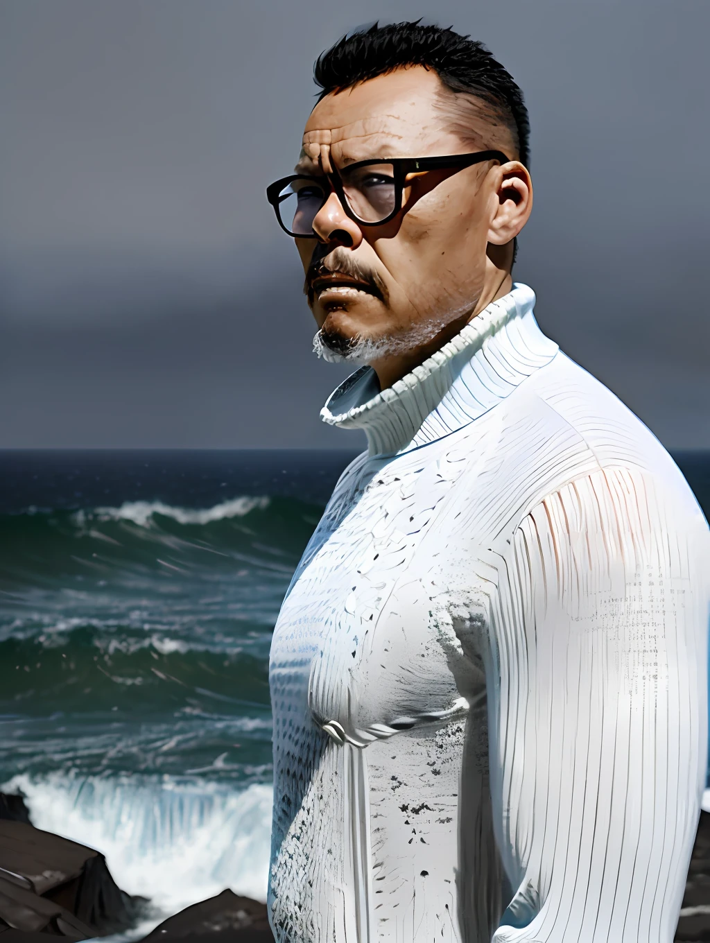 guttonerdvision5, portrait of the face of a stout (fisherman: 1.3), (focus on face: 1.5), (storm: 1.2), (waves: 1.3), ocean, (lighthouse background: 1.3), (cowboy photo: 1.4), (white turtleneck mesh sweater:1.3), looking at the observer, realistic, masterpiece, high quality, backlighting, (lens reflection:1.1), (flowering:1.1), (chromatic aberration:1.1), by Jeremy Lipking, by Antonio J. Manzanedo, digital painting