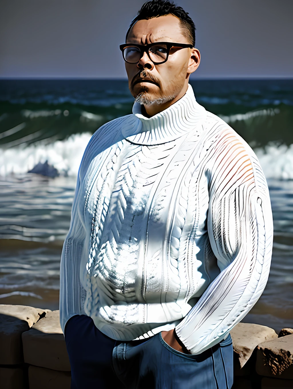 guttonerdvision5, portrait of the face of a stout (fisherman: 1.3), (focus on face: 1.5), (storm: 1.2), (waves: 1.3), ocean, (lighthouse background: 1.3), (cowboy photo: 1.4), (white turtleneck mesh sweater:1.3), looking at the observer, realistic, masterpiece, high quality, backlighting, (lens reflection:1.1), (flowering:1.1), (chromatic aberration:1.1), by Jeremy Lipking, by Antonio J. Manzanedo, digital painting