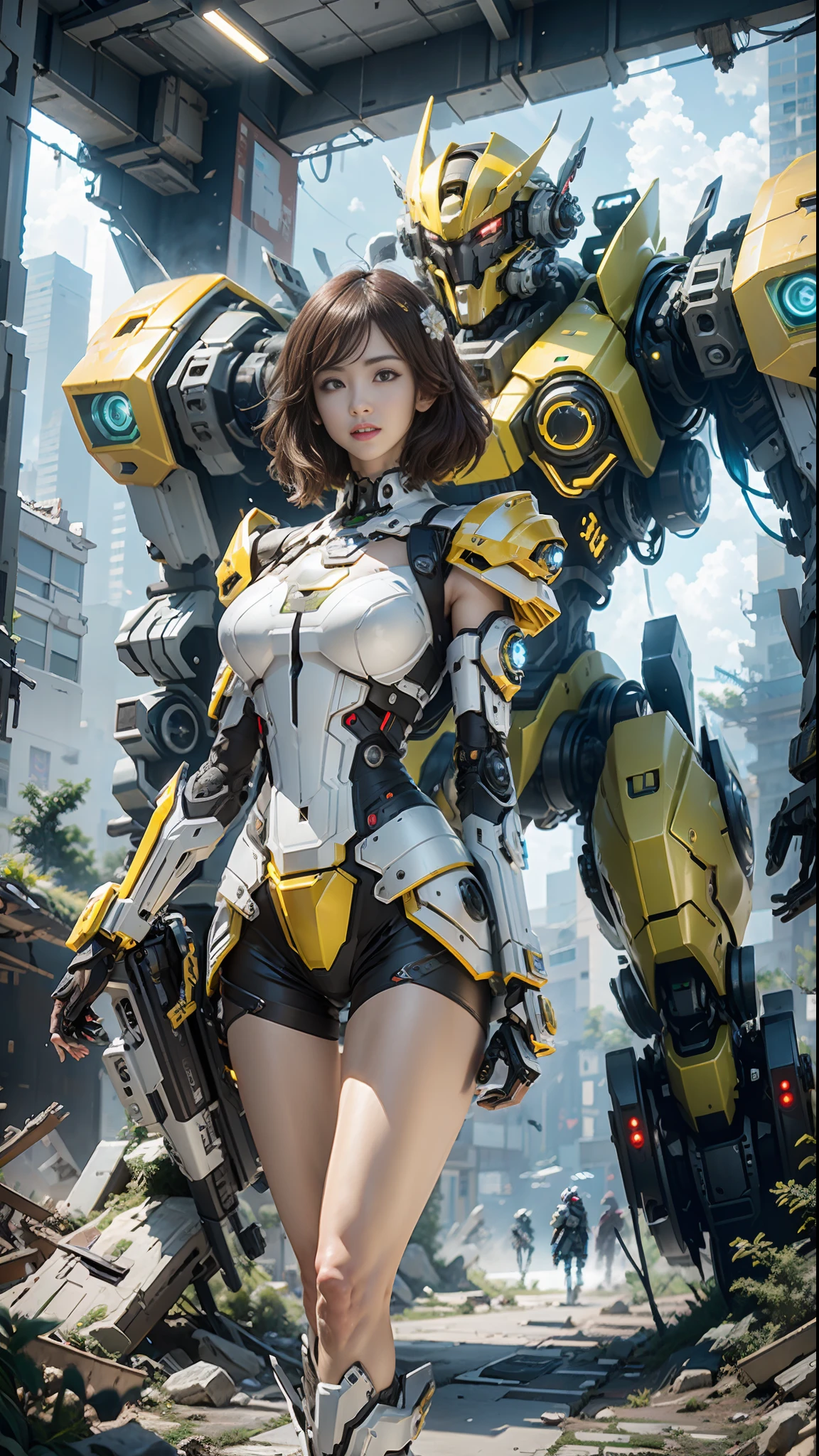 ((Best quality)), ((masterpiece)), (highly detailed:1.3), 3D,Shitu-mecha, beautiful cyberpunk women with her mecha in the ruins of city from a forgoten war, ancient technology,HDR (High Dynamic Range),Ray Tracing,NVIDIA RTX,Super-Resolution,Unreal 5,Subsurface scattering,PBR Texturing,Post-processing,Anisotropic Filtering,Depth-of-field,Maximum clarity and sharpness,Multi-layered textures,Albedo and Specular maps,Surface shading,Accurate simulation of light-material interaction,Perfect proportions,Octane Render,Two-tone lighting,Low ISO,White balance,Rule of thirds,Wide aperature,8K RAW,Efficient Sub-Pixel,sub-pixel convolution,luminescent particles,light scattering,Tyndall effect