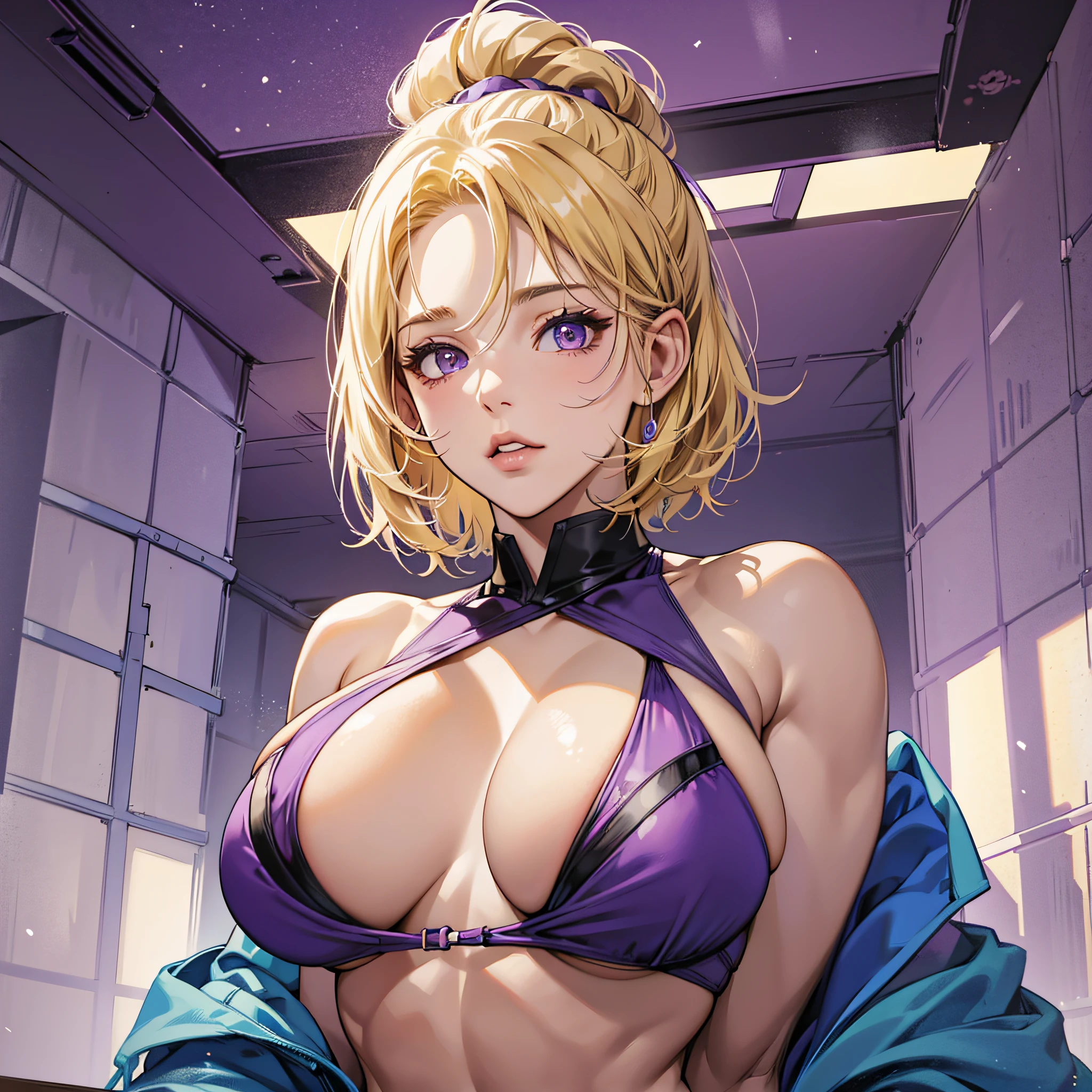 Two-dimensional style, blonde hair, purple eyes, abs, muscles, big breasts, huge breasts, "bikini" (swimsuit), big belly button and giantess. --auto --s2