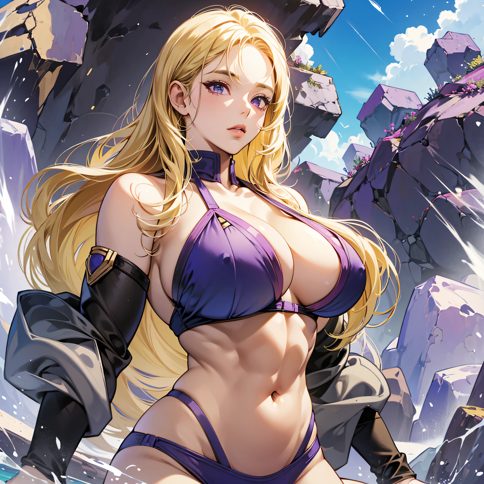 Two-dimensional style, bikini, blonde, purple eyes, big belly, abs, muscles, big breasts, huge breasts, huge breasts, big breasts, giantess, huge belly button, deep belly button, deep belly button, deep belly button --auto --s2