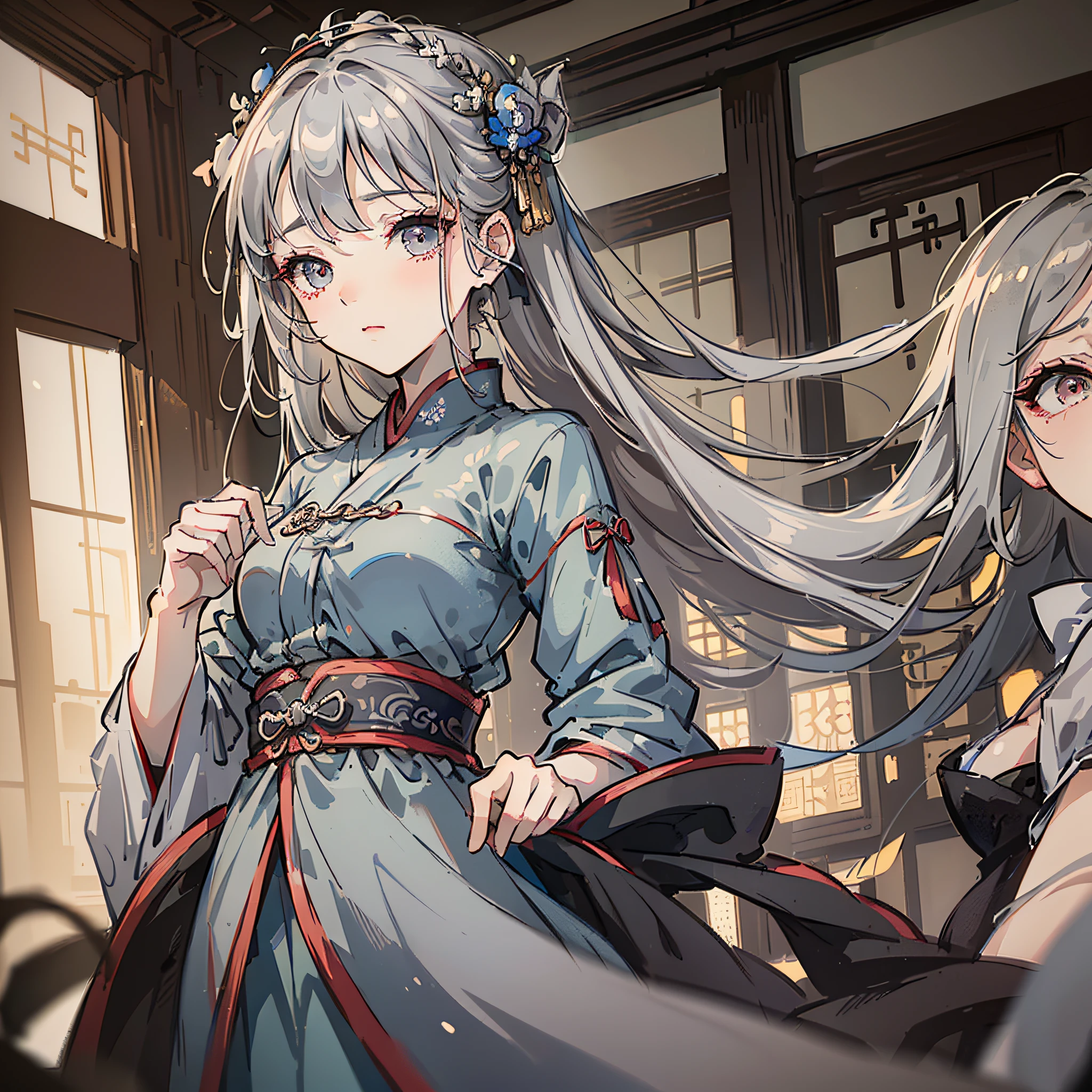 (Masterpiece, Best Quality, Mature Girl, Floating Gray Hair, Delicate Eyes, Antique Hanfu, High Depth of Field, F1.8 Aperture, Dramatic Side Lighting, Complex Scenes) --auto --s2