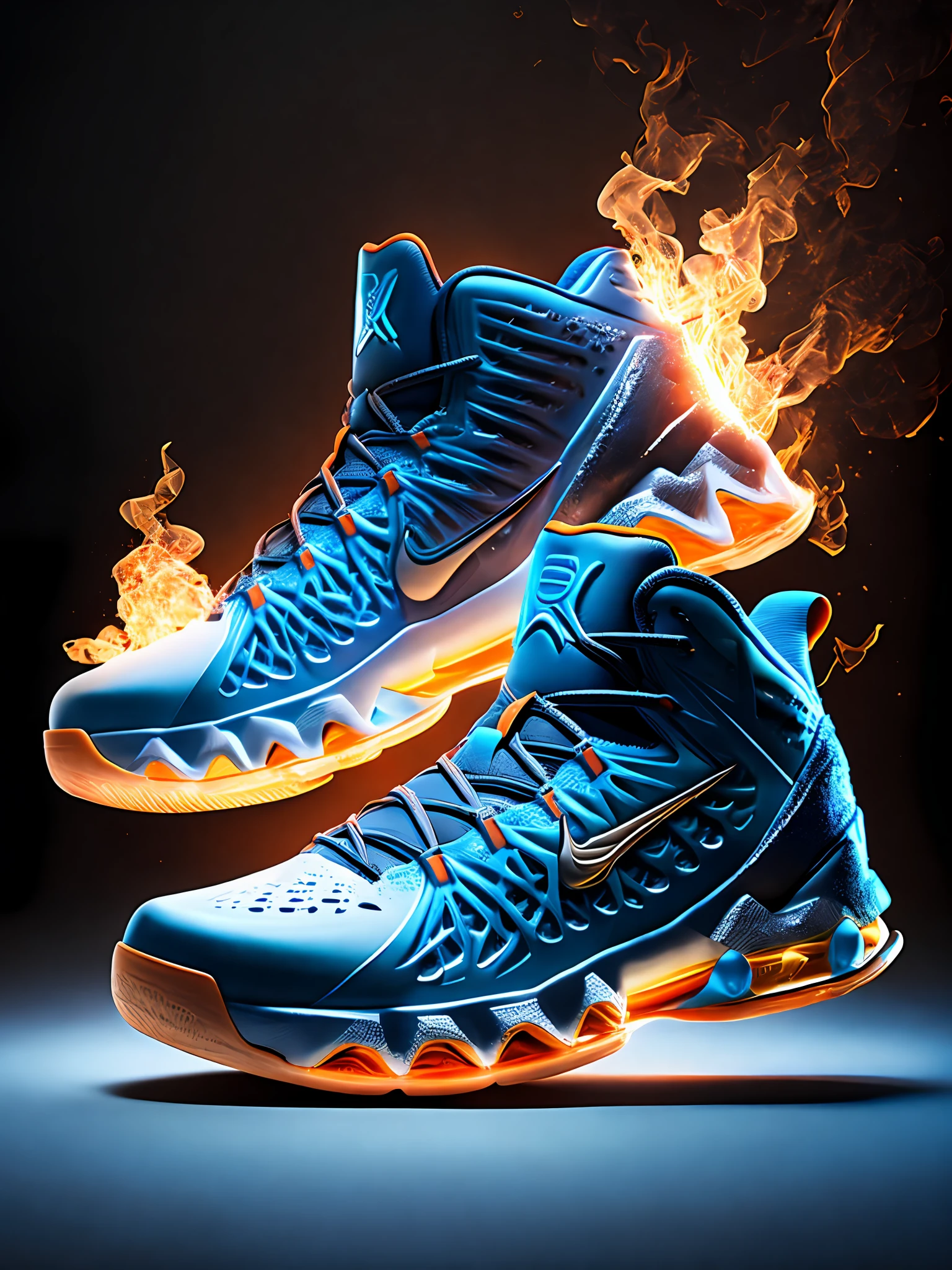 Product photography, basketball shoes, epic rendering, ice and fire