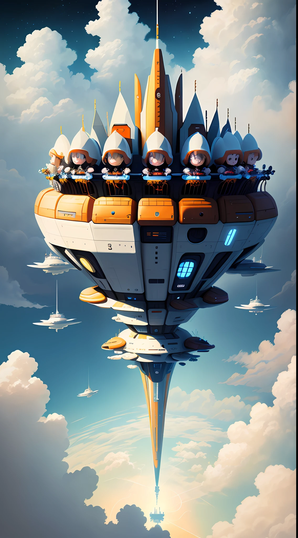 Illustration poster design, graphic design, a group of children riding on a huge spaceship, next to a lot of clouds, looking down in amazement from above, there is a huge amusement park below, about dreams, fantasy, OC rendering, -ar9:16-