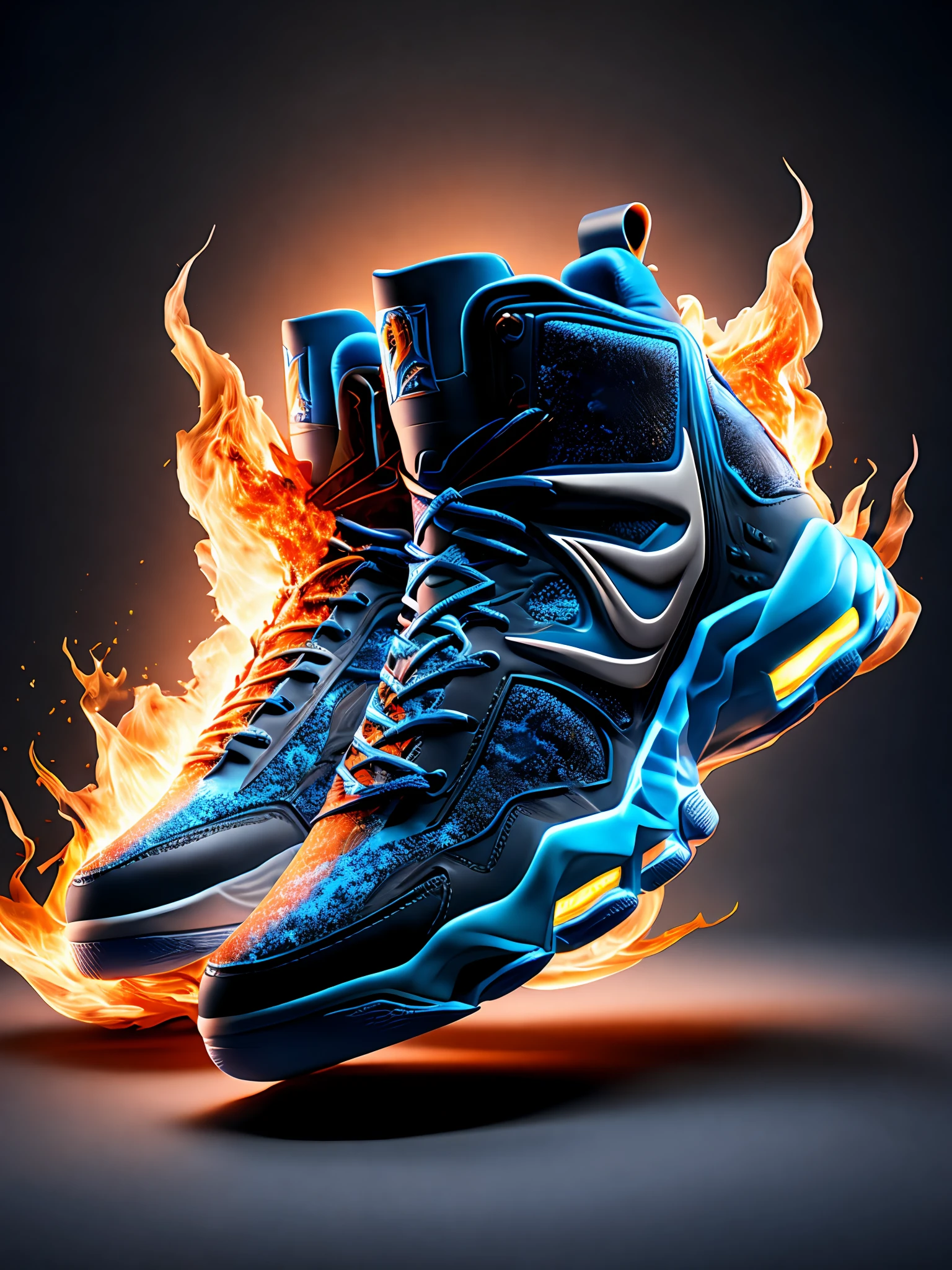 Product photography, basketball shoes, epic rendering, ice and fire