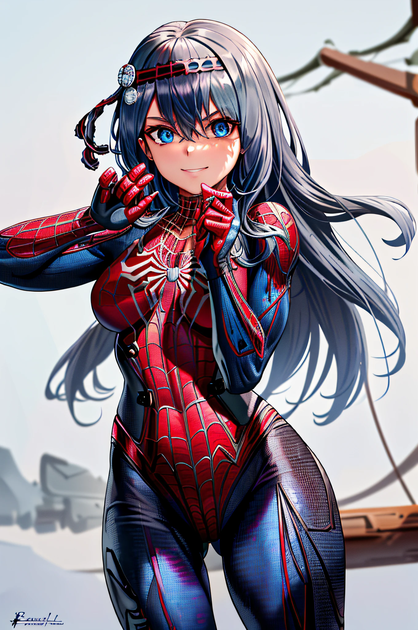 (masterpiece), (best quality), highres, kei1, 1girl, solo, blue eyes, long hair, (((wears a detailed black female spiderman costume with mask)))), spider web shaped ribbon, bangs, long hair and price, collar bone, gray hair, black hair band, neck ribbon, hair between eyes, medium-sized breasts, cowboy shot, smile, ((detailed anatomically correct body with detailed hands without errors)),  ((She has battle pose)), (she's shooting cobwebs like spider-man but with sharp ice), (full detallado escenario)