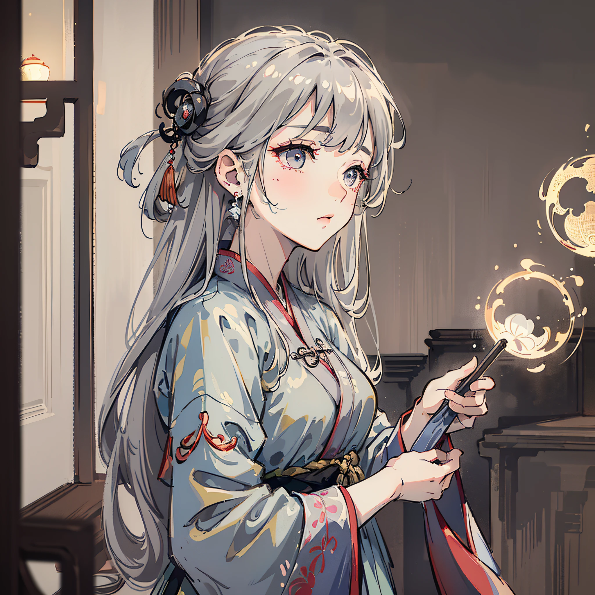(Masterpiece, Best Quality, Mature Girl, Floating Gray Hair, Delicate Eyes, Antique Hanfu, High Depth of Field, F1.8 Aperture, Dramatic Side Lighting, Complex Scenes) --auto --s2